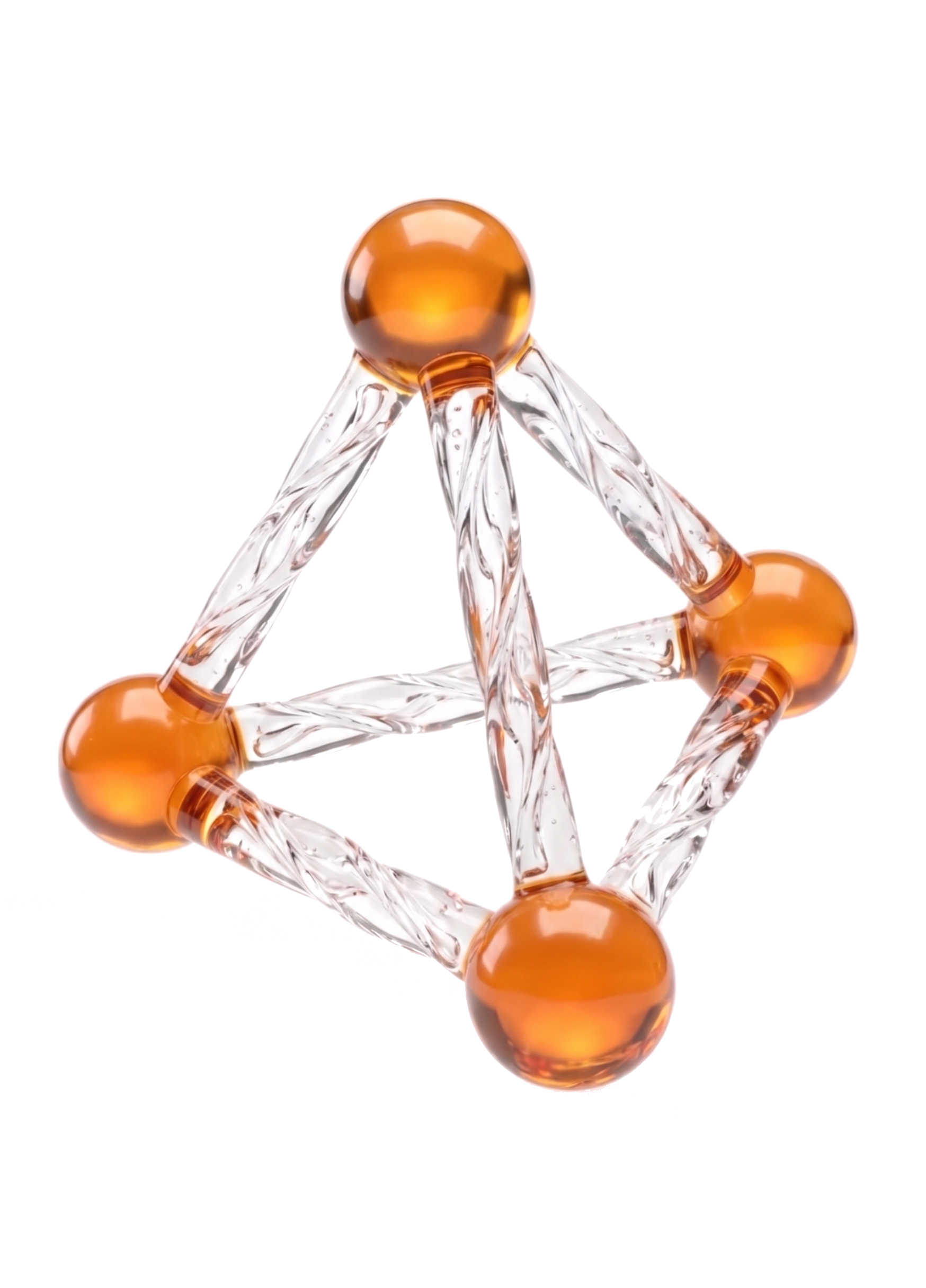 A stylized molecular model with transparent glass-like structure and metallic orange spheres connected by bonds. Representing Yellow Phosphorus, P4