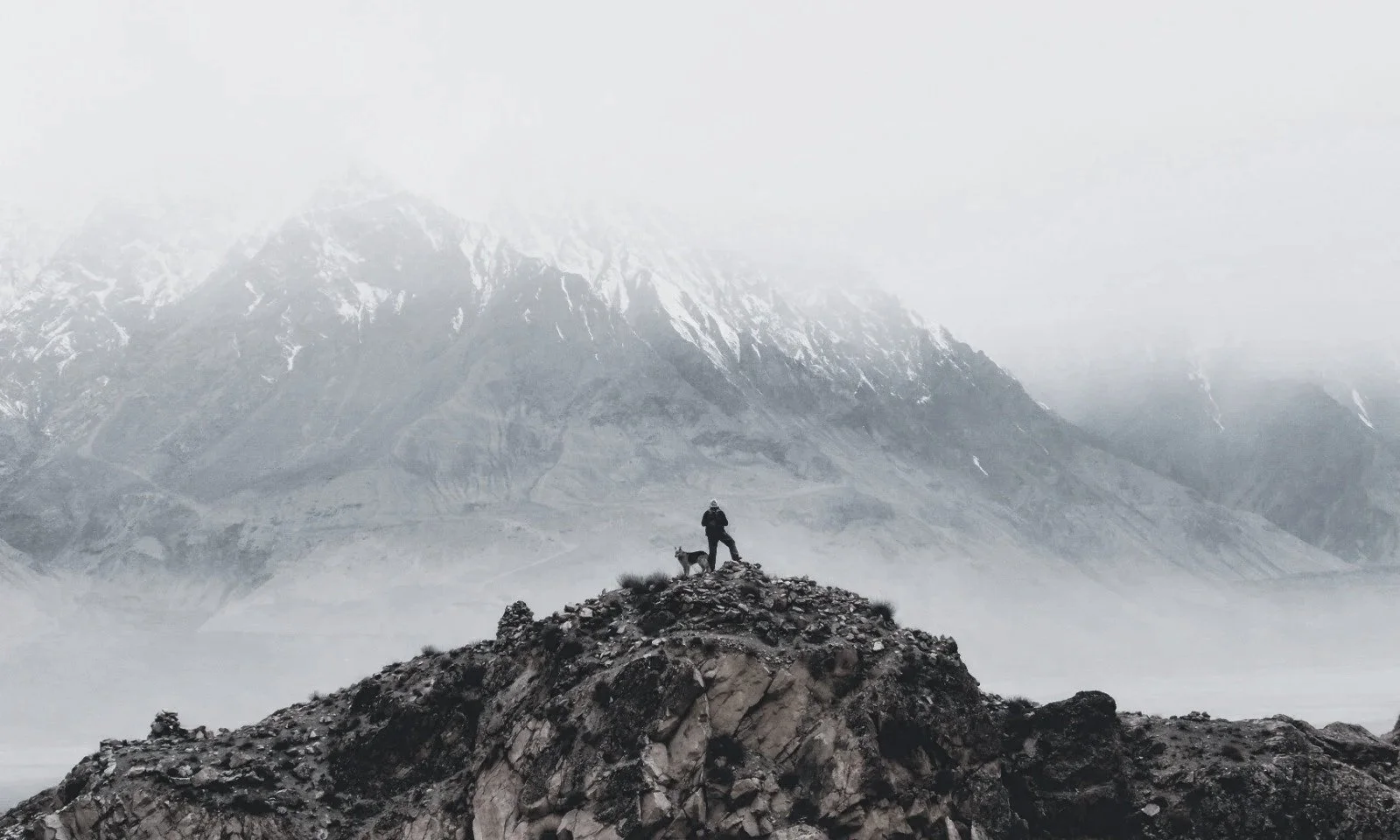 Person with a dog standing on a rocky outcrop in a foggy mountainous landscape
