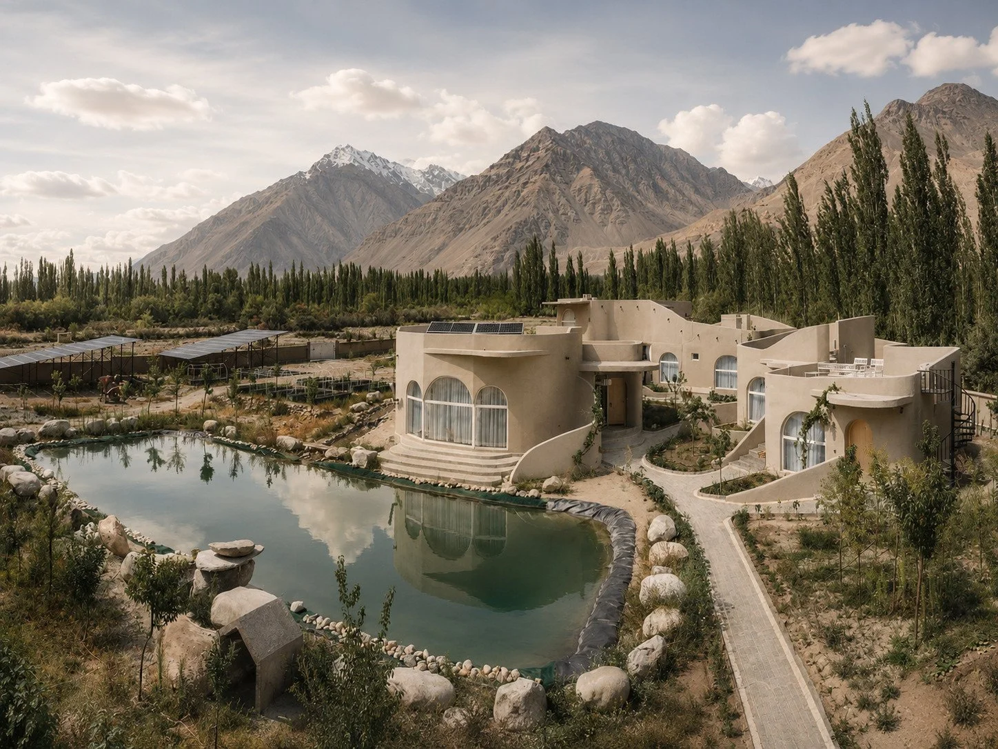 A modern house with curved architecture and large windows, situated beside a small pond, with a mountainous landscape and trees in the background.