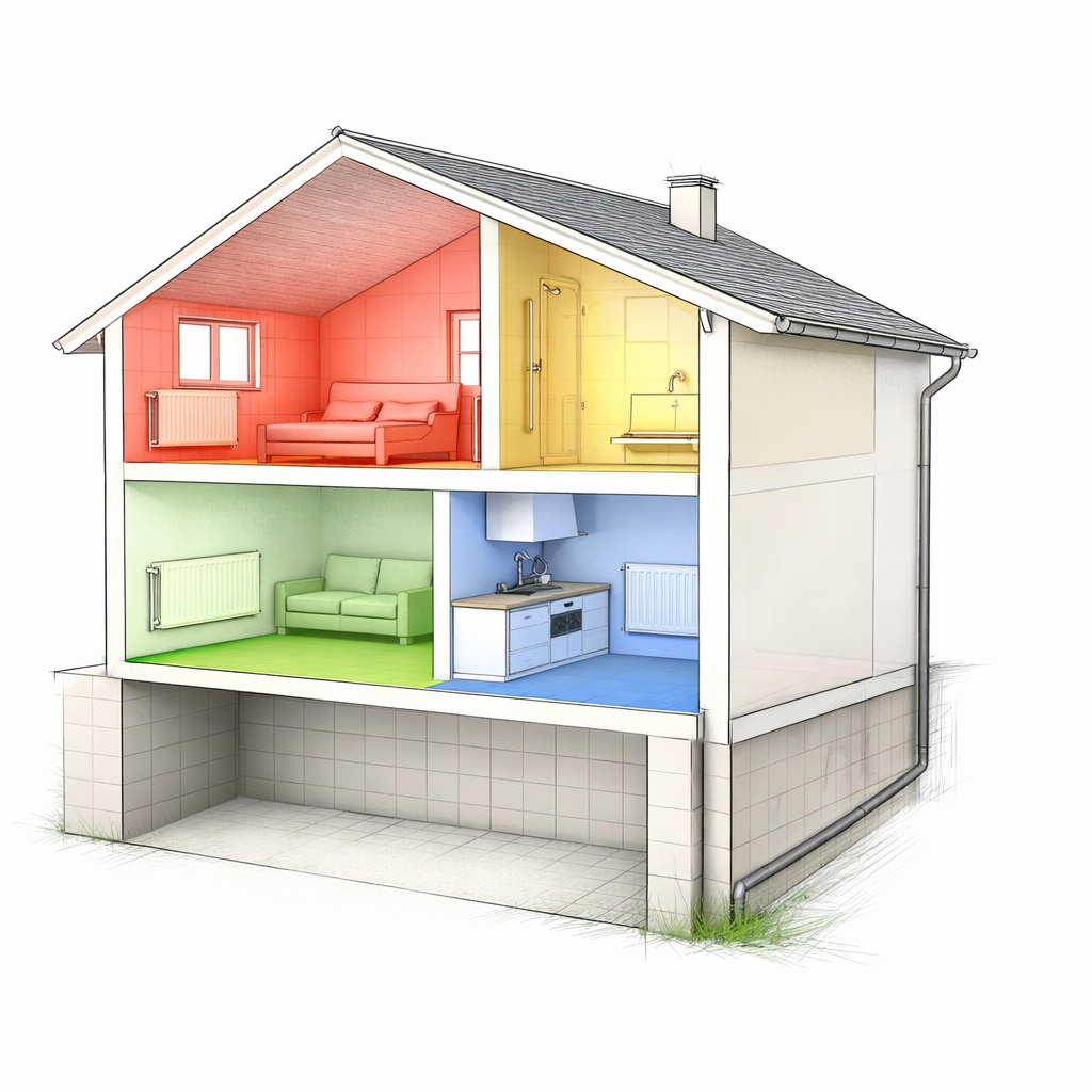 Scheidung eines Hauses mit einem Keller, Erdgeschoss, Obergeschoss, wobei jedes Stockwerk einen Raum in einer anderen Farbe zeigt: rot im Obergeschoss mit einem Sofa, gelb in einem Badezimmer, grün im Wohnzimmer mit einem Sofa und blau in der Küche mit einem Herd und Spüle.