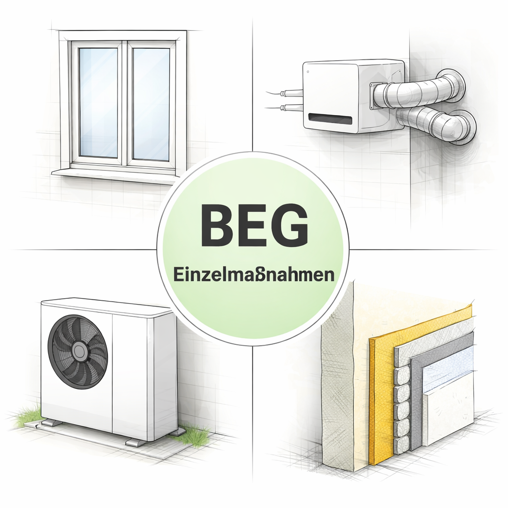 Grafik zeigt verschiedene Maßnahmen gegen Heizkosten, darunter ein Fenster, eine Lüftungsanlage, eine Außensicht einer Heizungs- oder Klimaanlage und eine Wanddämmung, mit einem zentralen Text "BEG Einzelmaßnahmen".