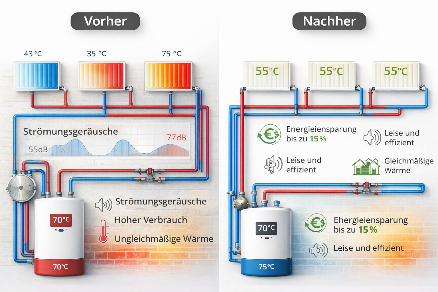 Vergleich einer alten und einer neuen Heizungsanlage: Links die alte mit hohen Stromverbrauch, lauten Geräuschen und ungleichmäßiger Wärme; rechts die neue, leise, effizient und energieeinsparend bei 55°C und 75°C