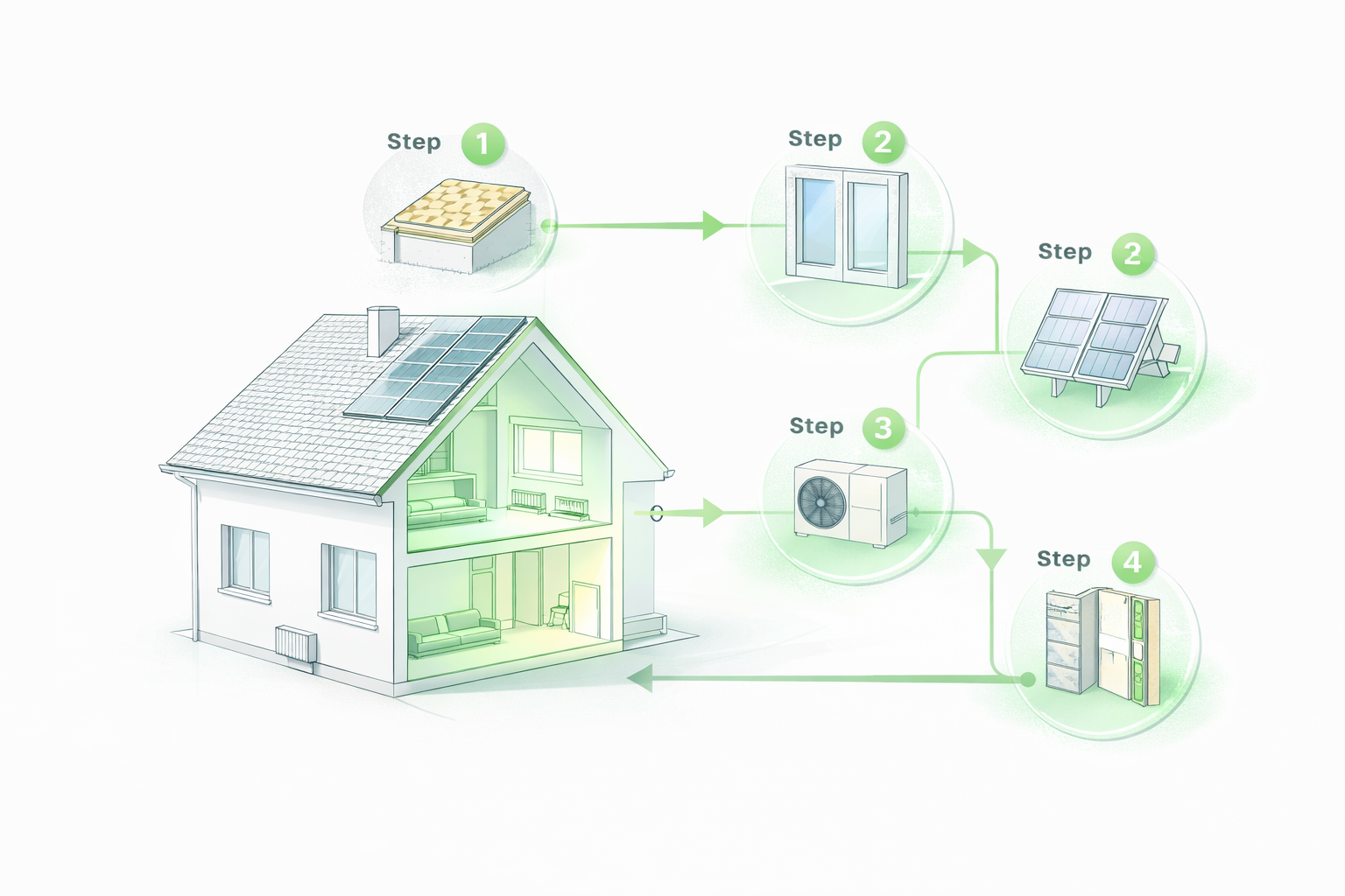 Diagramm zeigt den Installationsprozess einer Solaranlage auf einem Haus, beginnend mit der Solartafel, dann Fenstern, Wärmepumpe und schließlich einem Speicher