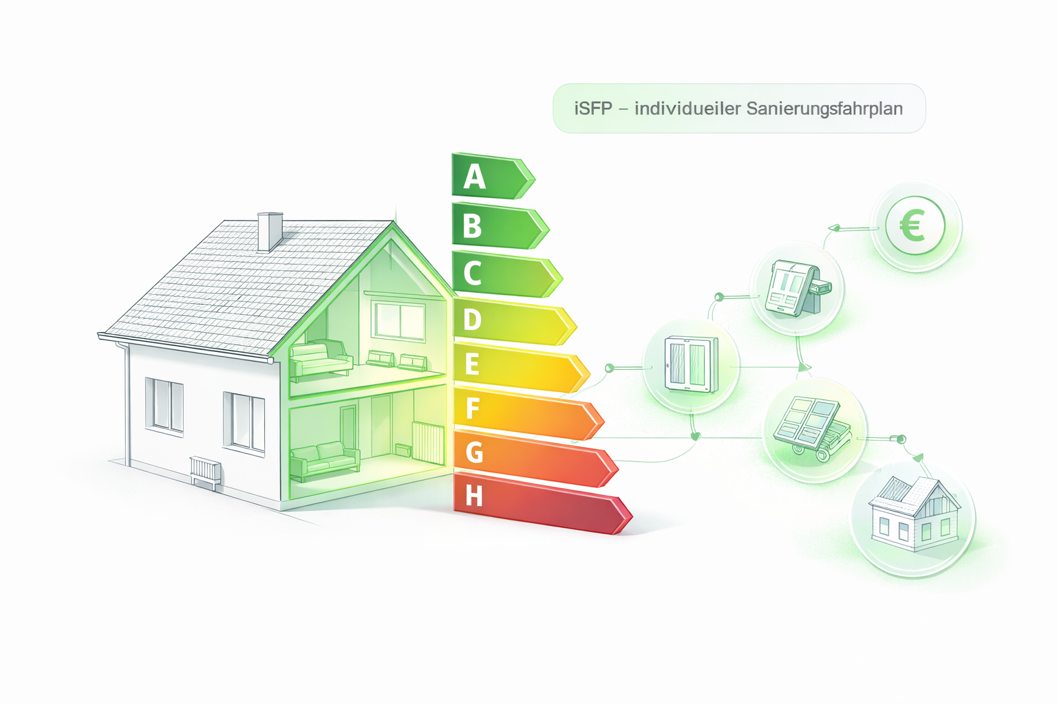 Grafik eines Hauses mit Energieeffizienzklassen von A bis H, verbunden mit Symbolen für Energiemanagement, Kosten, Fenster, Solarbannels und Haus. Text erklärt den individuellen Sanierungsfahrplan (iSFP).
