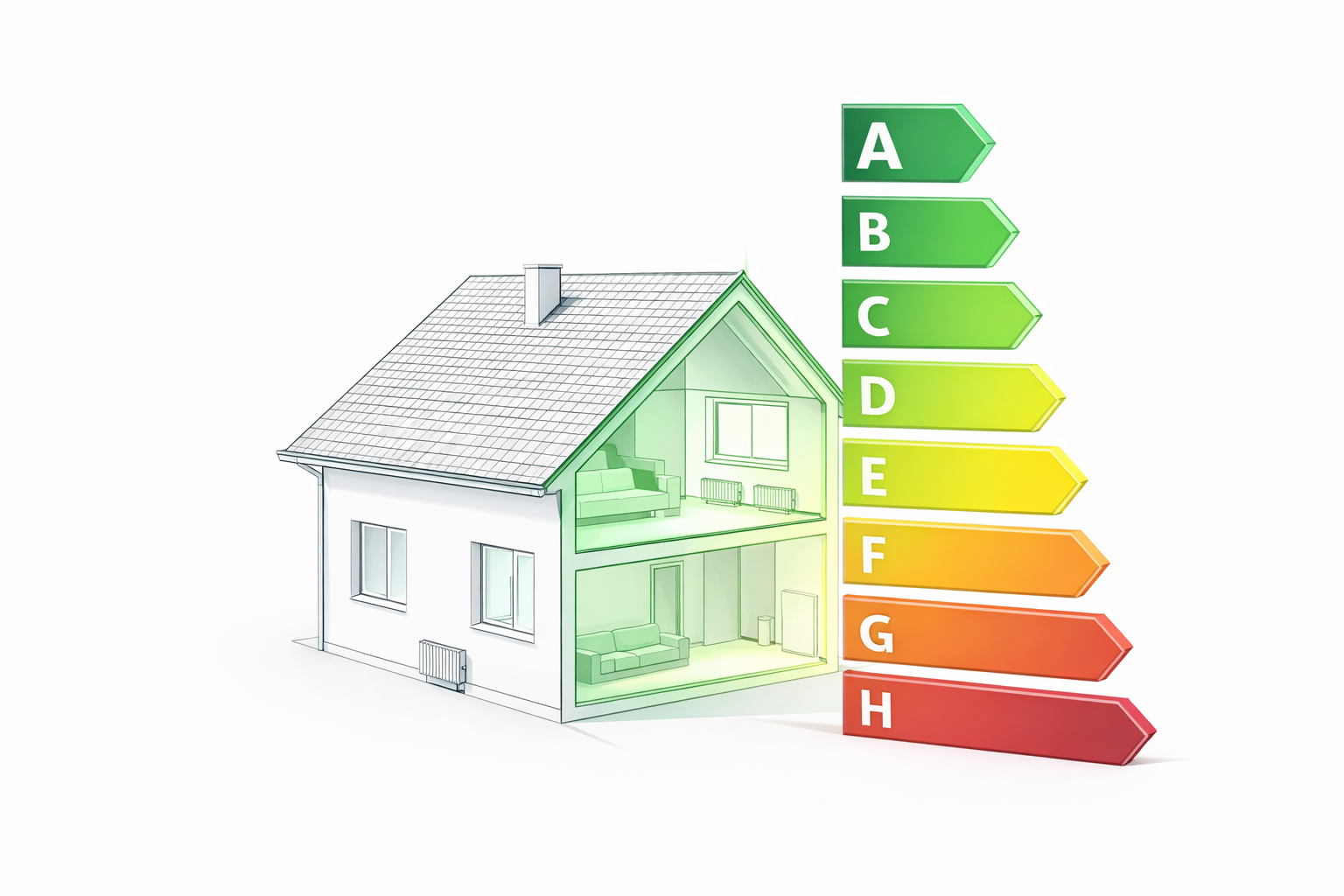 Grafik eines Hauses mit Energieeffizienzskala von A bis H, wobei das Haus hauptsächlich grün ist und die Skala von A (grün) bis H (rot) reicht.