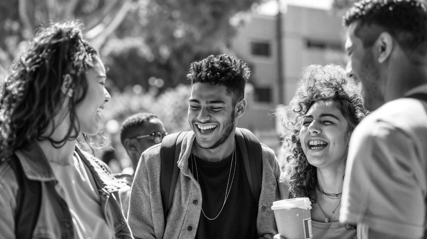 A group of young people outdoors, smiling and laughing while talking, with one holding a coffee cup.