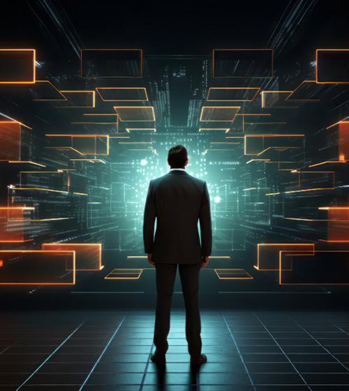 A person in a suit standing in front of a digital, futuristic data interface with glowing orange and blue lines and blocks.