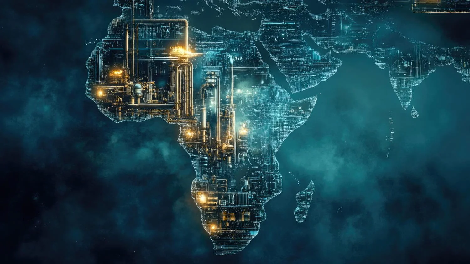 Digital map of Africa with illuminated city and industrial infrastructure, overlaid on a dark, cloudy background.