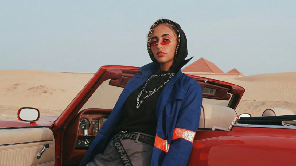 A woman with braided hair, wearing red sunglasses, a black hoodie, and a blue jacket with orange accents, leaning against a red convertible in a desert landscape.