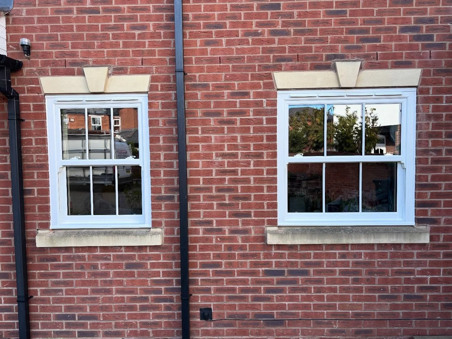 Two side-by-side white-framed windows on a brick wall, reflecting trees and neighboring buildings, with a beige decorative element above each window.