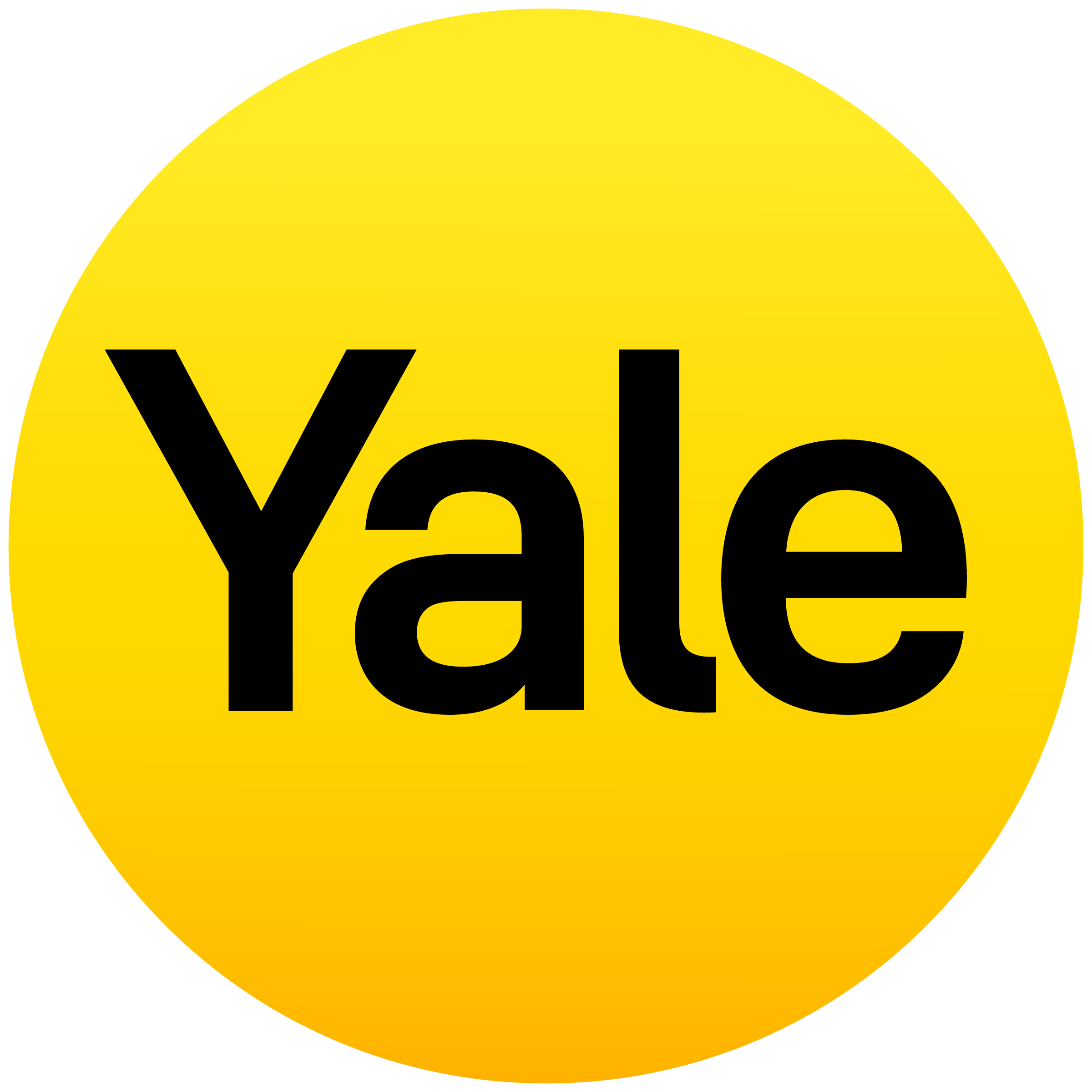 Yellow circular badge with bold black text that reads "Yale"