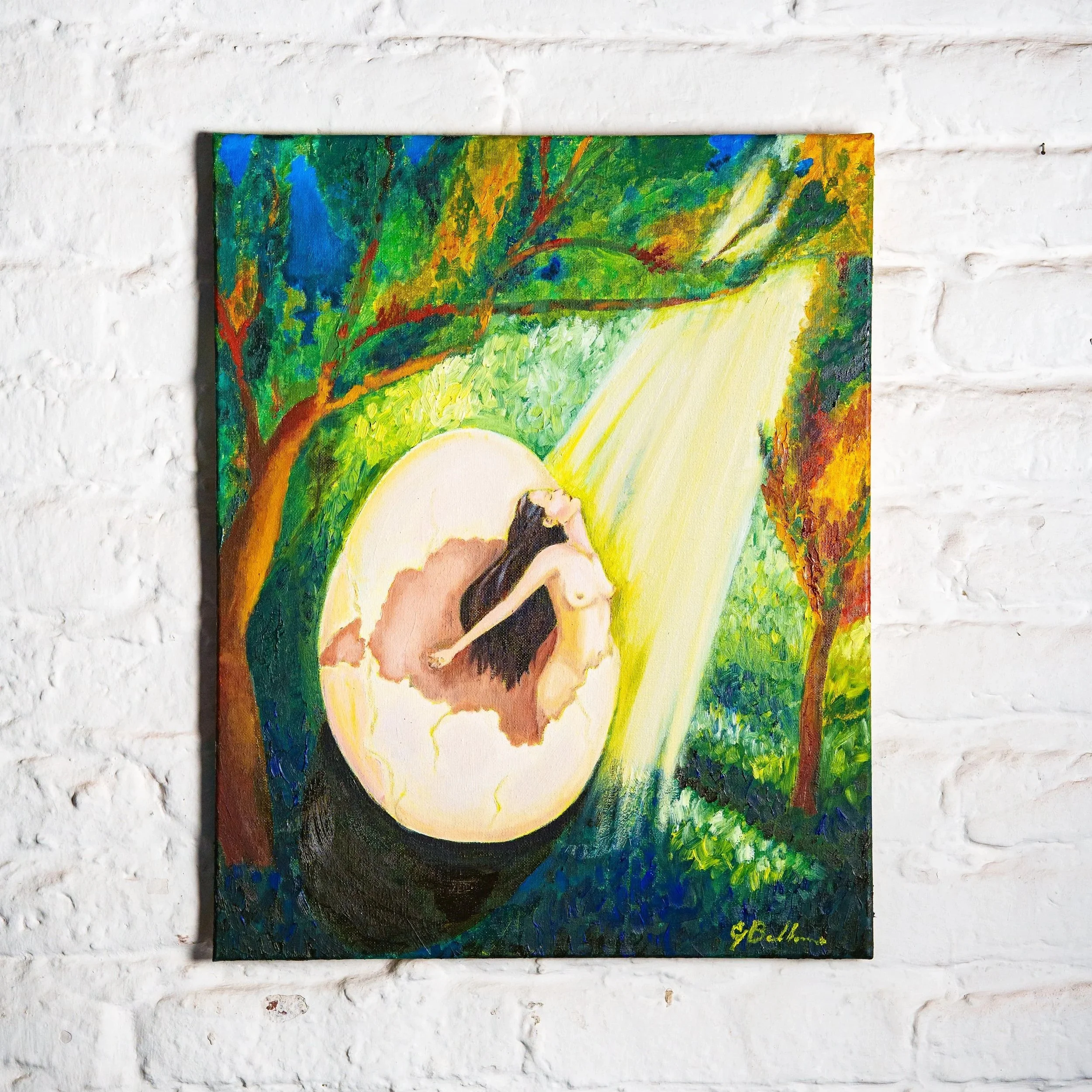 Olio 40x50, donna nuda nata da un uovo, nel mezzo del bosco notturno