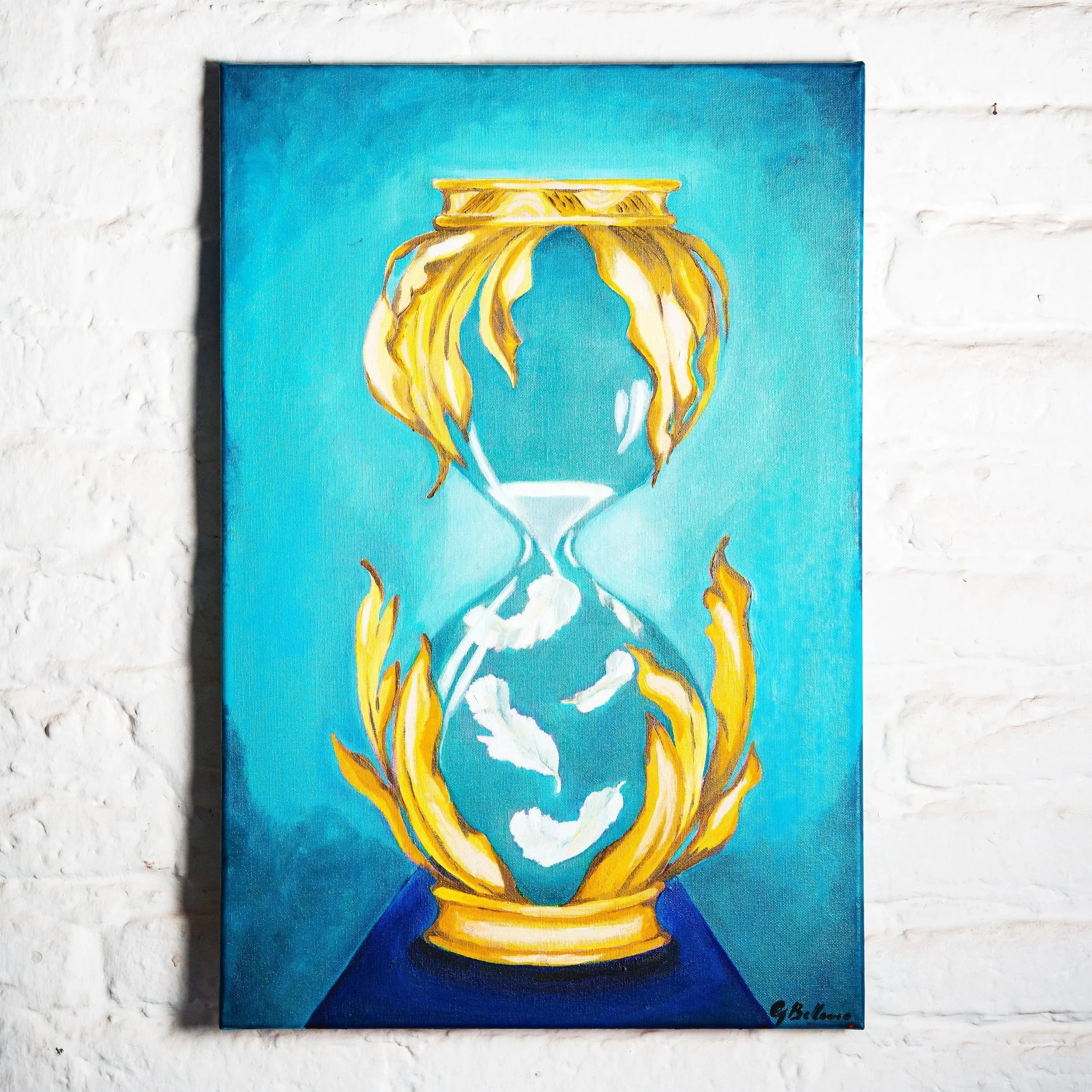 Olio 50x60, clessidra oro e vetro, con piume all'interno