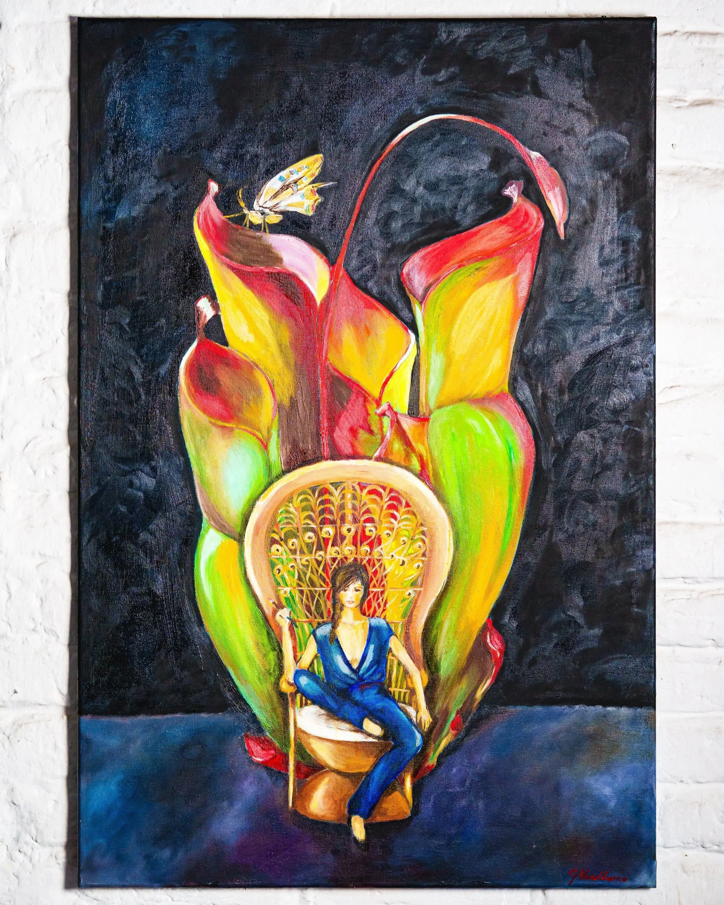 Olio 80x90, autoritratto su trono in vimini, pianta carnivora sullo sfondo e falena