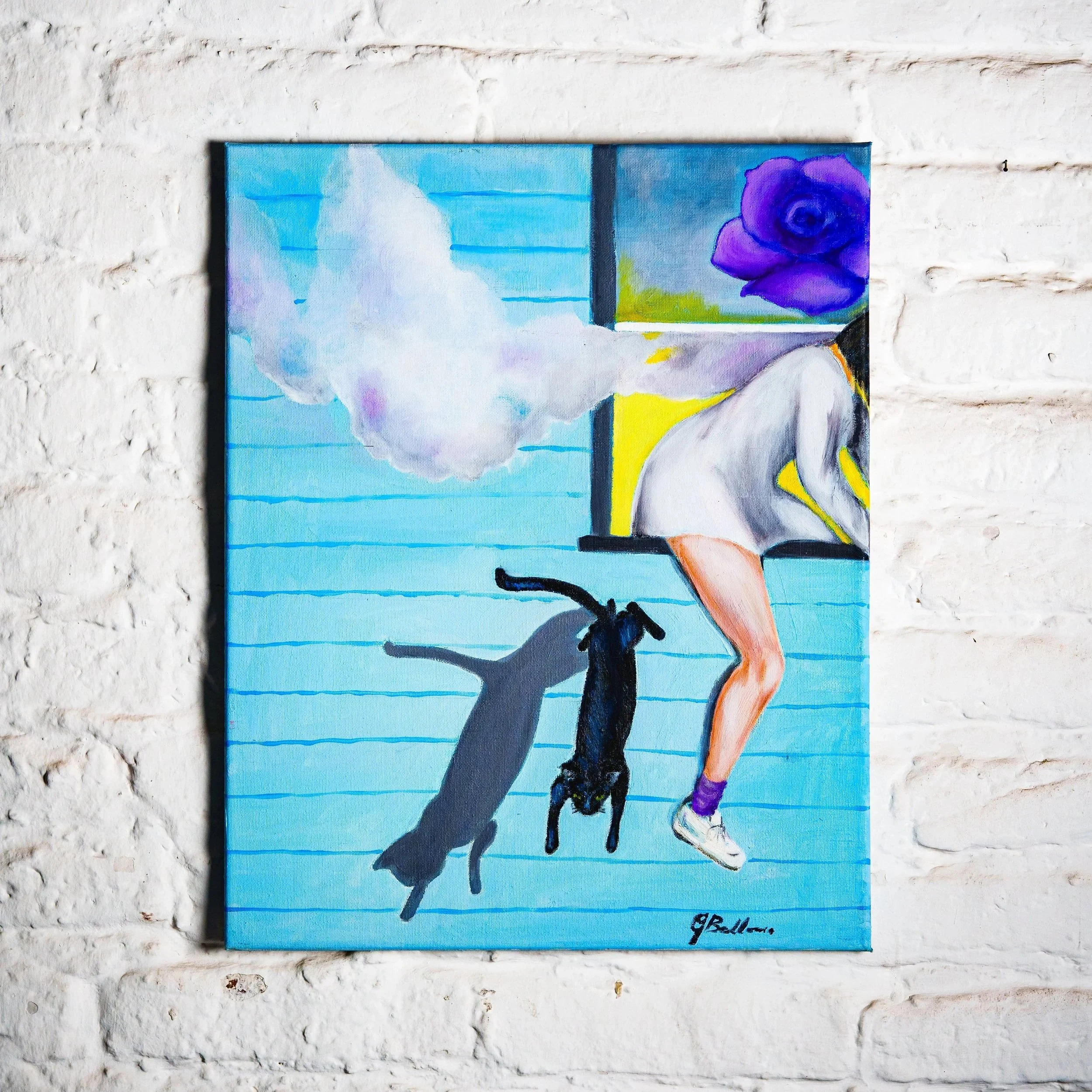 Olio 50x60, ragazza che scappa dalla finestra con il gatto, durante un incendio. Omaggio a Dalì con rosa purturea