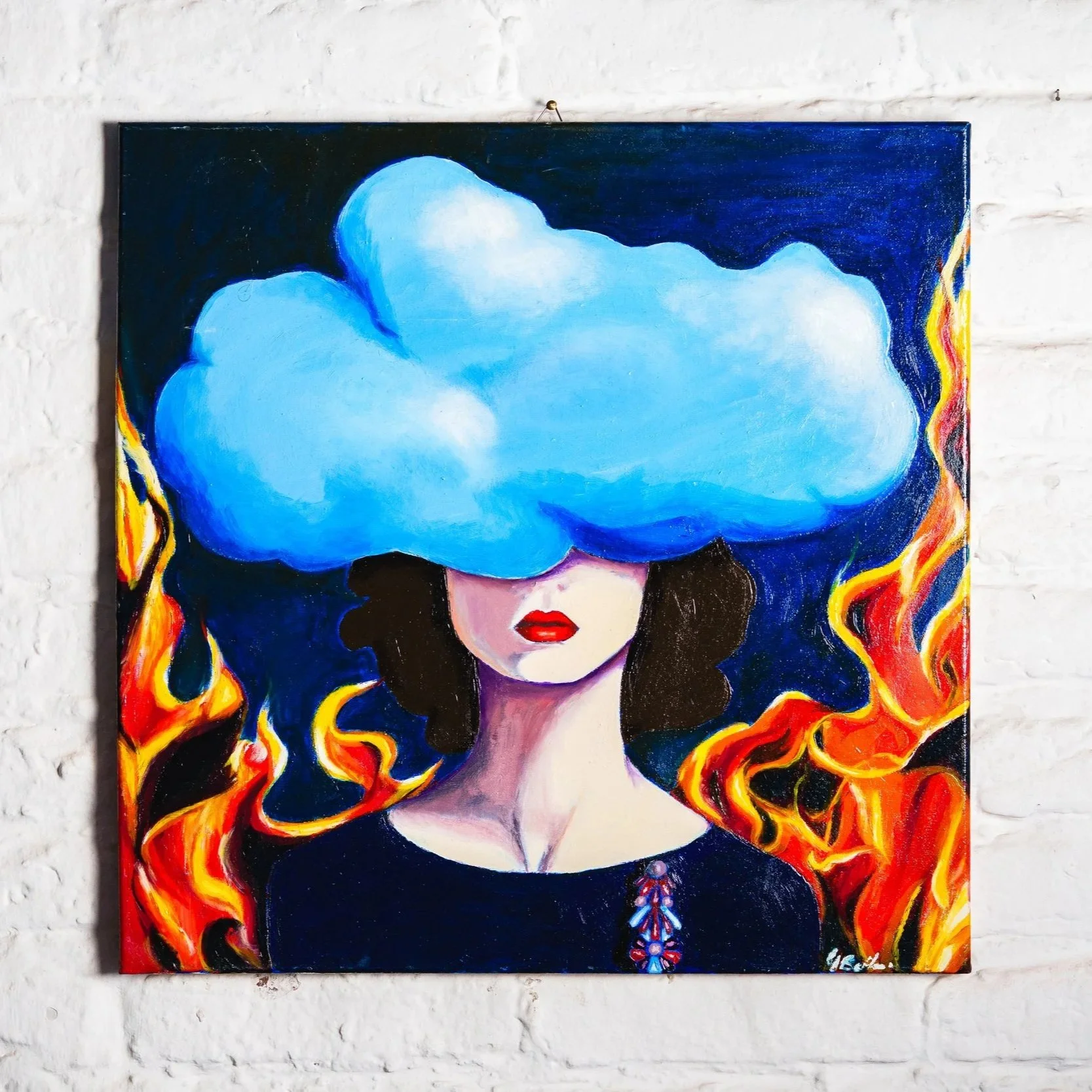 Quadro ad olio 60x60, volto con fiamme e nuvola