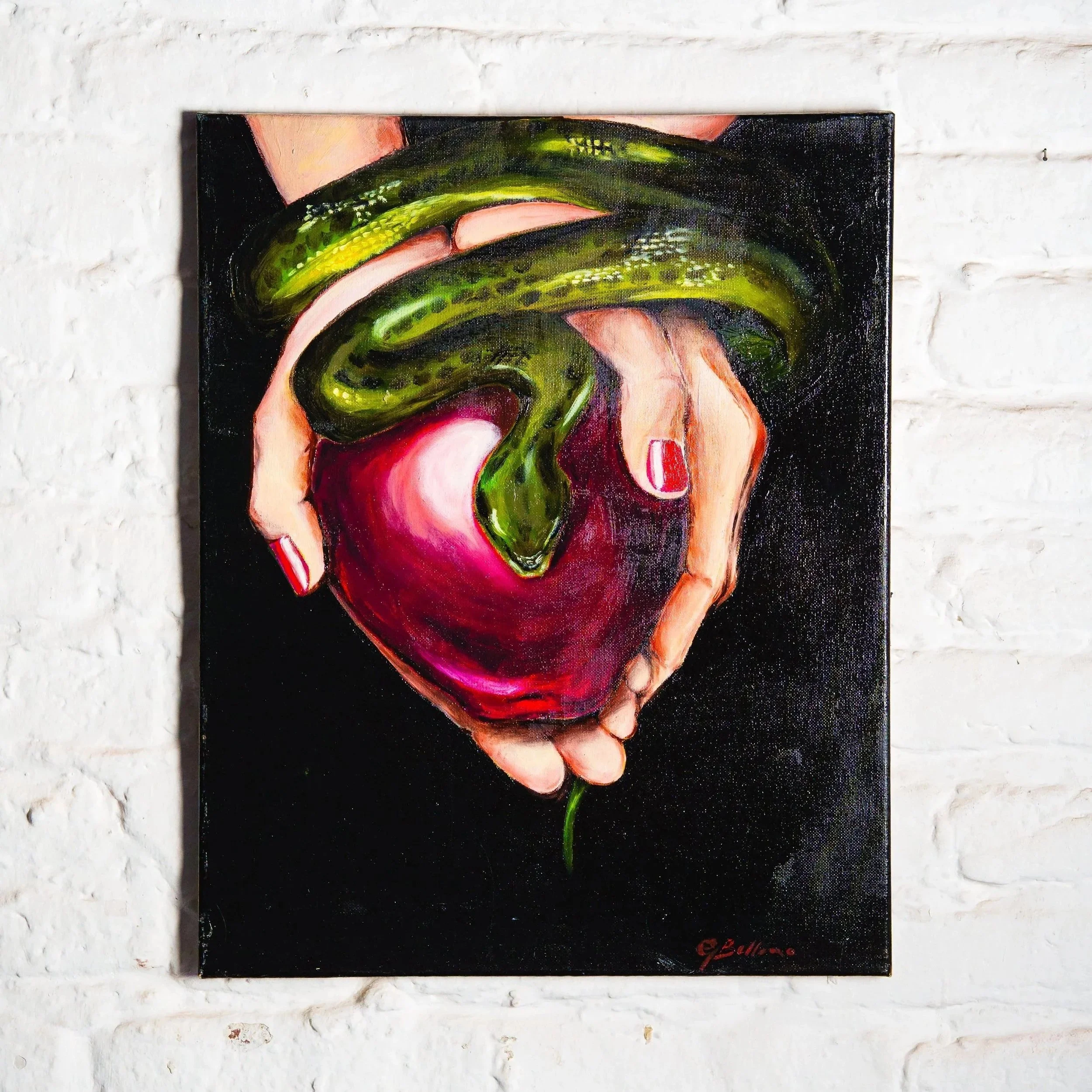 Olio 40x50 mela rossa con serpente arrotolato