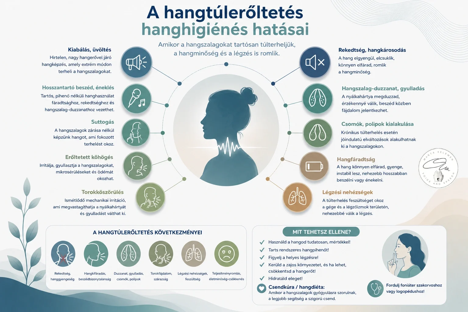Infografika a hangtúlerőltetés hanghigiénés hatásairól, a hangkárosító szokásokról, következményeikről és a megelőzés lehetőségeiről.