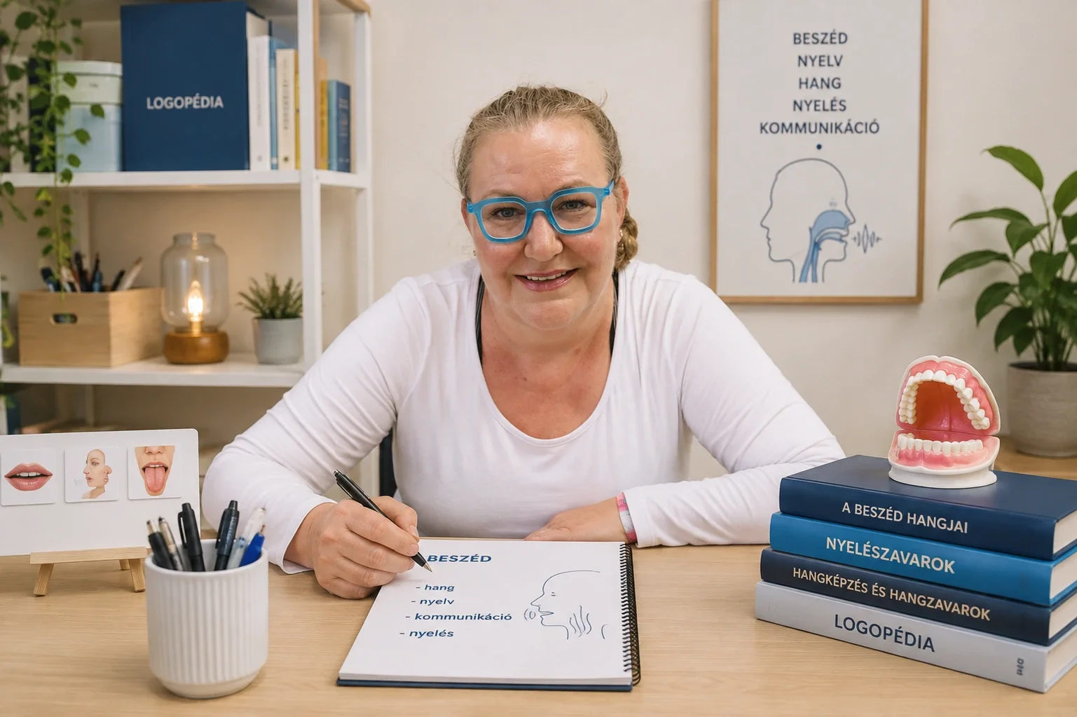 Logopédus beszéd-, nyelvi, hang- és nyelési területek vizsgálatához és terápiájához használt szemléltető eszközökkel.