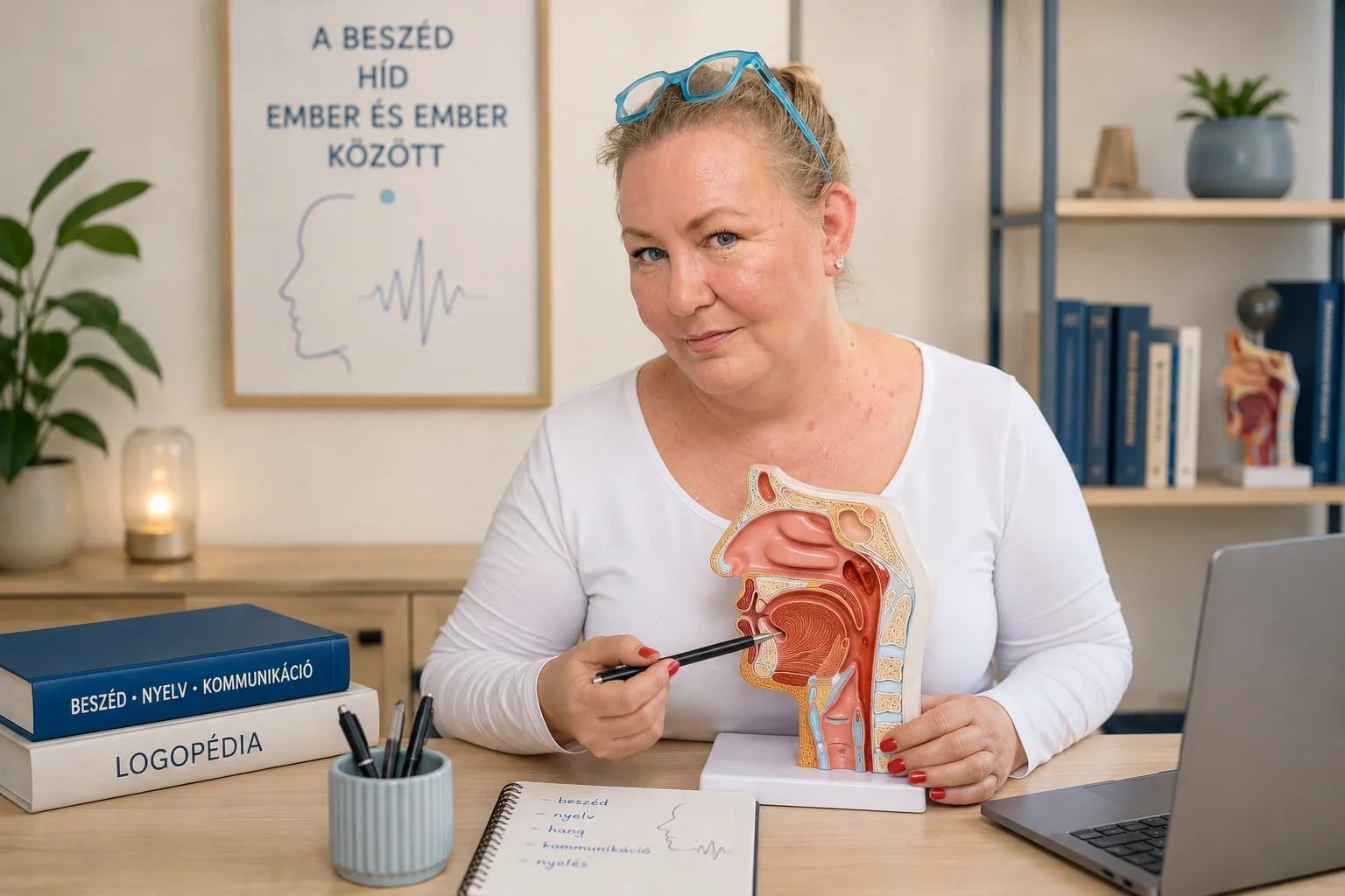 Logopédus anatómiai modellel szemlélteti a beszéd- és hangképzés működését logopédiai konzultáció során.