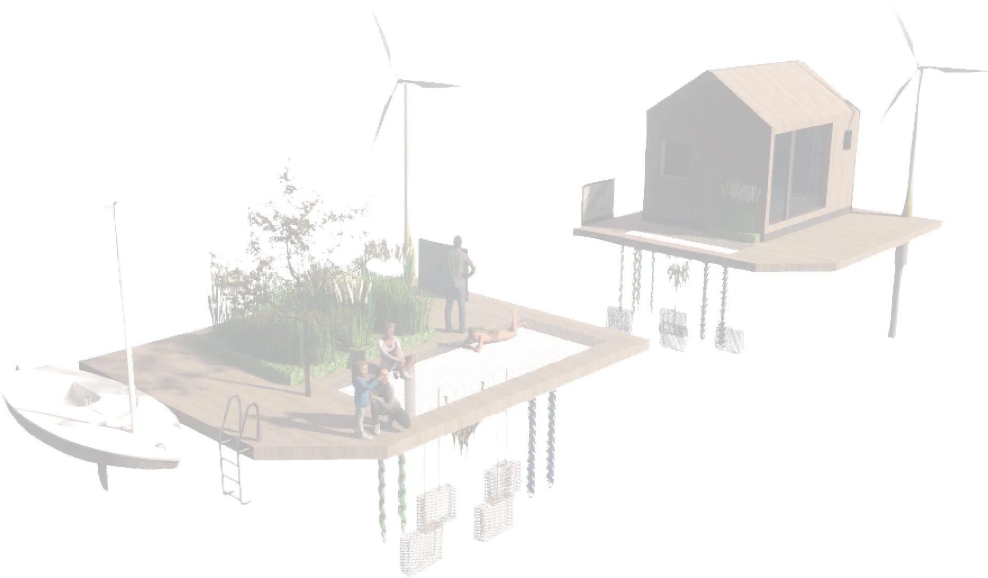 A floating deck with a sailboat, a small pool, and greenery, connected to a modern tiny house on stilts, with wind turbines in the background.