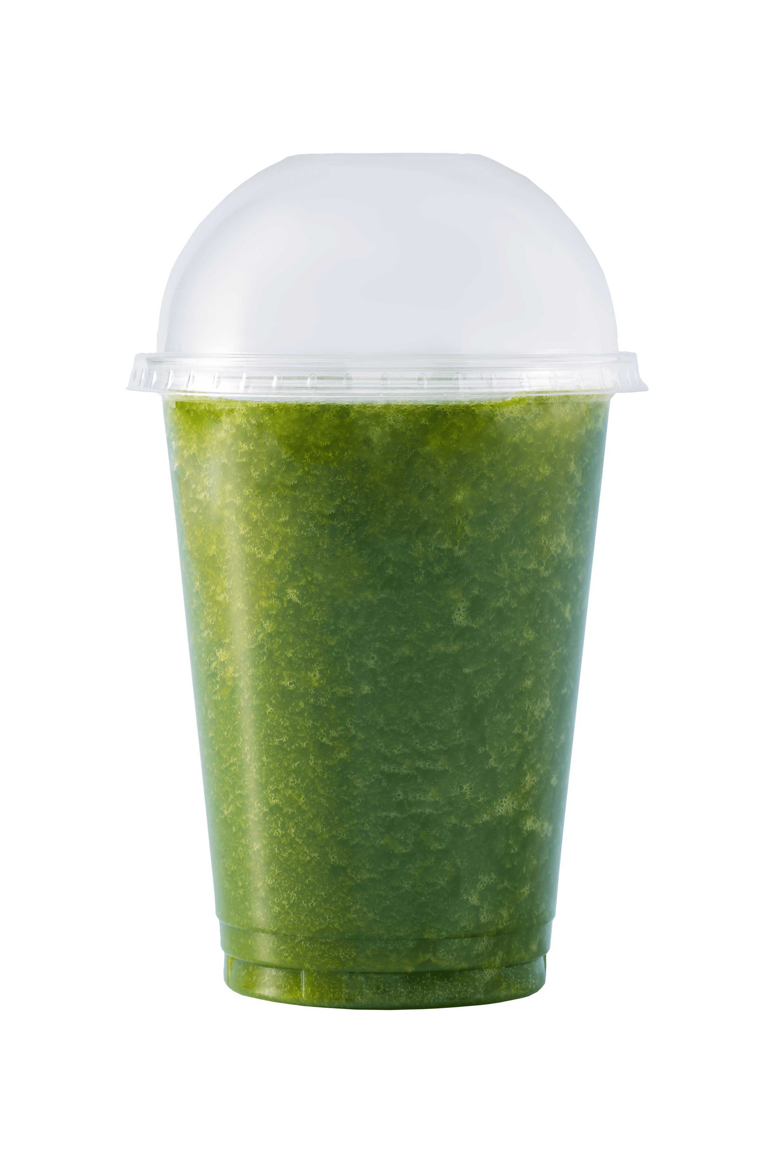 A clear plastic cup filled with a bright green slushy drink, topped with a white dome lid.