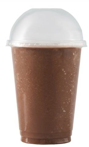 Cold chocolate beverage in a plastic cup with a domed lid