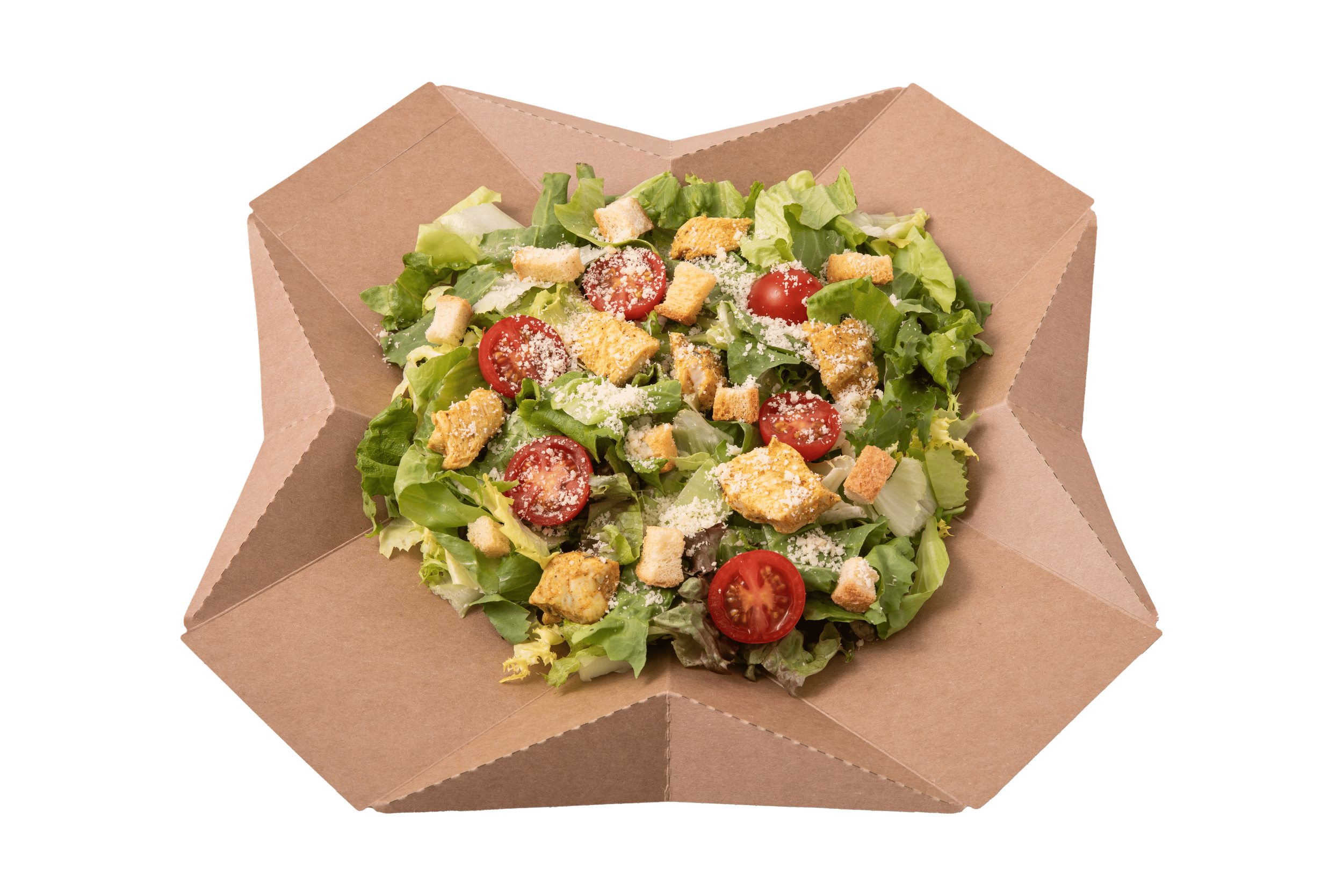 Garden salad with cherry tomatoes, croutons, grated cheese in a brown cardboard tray.
