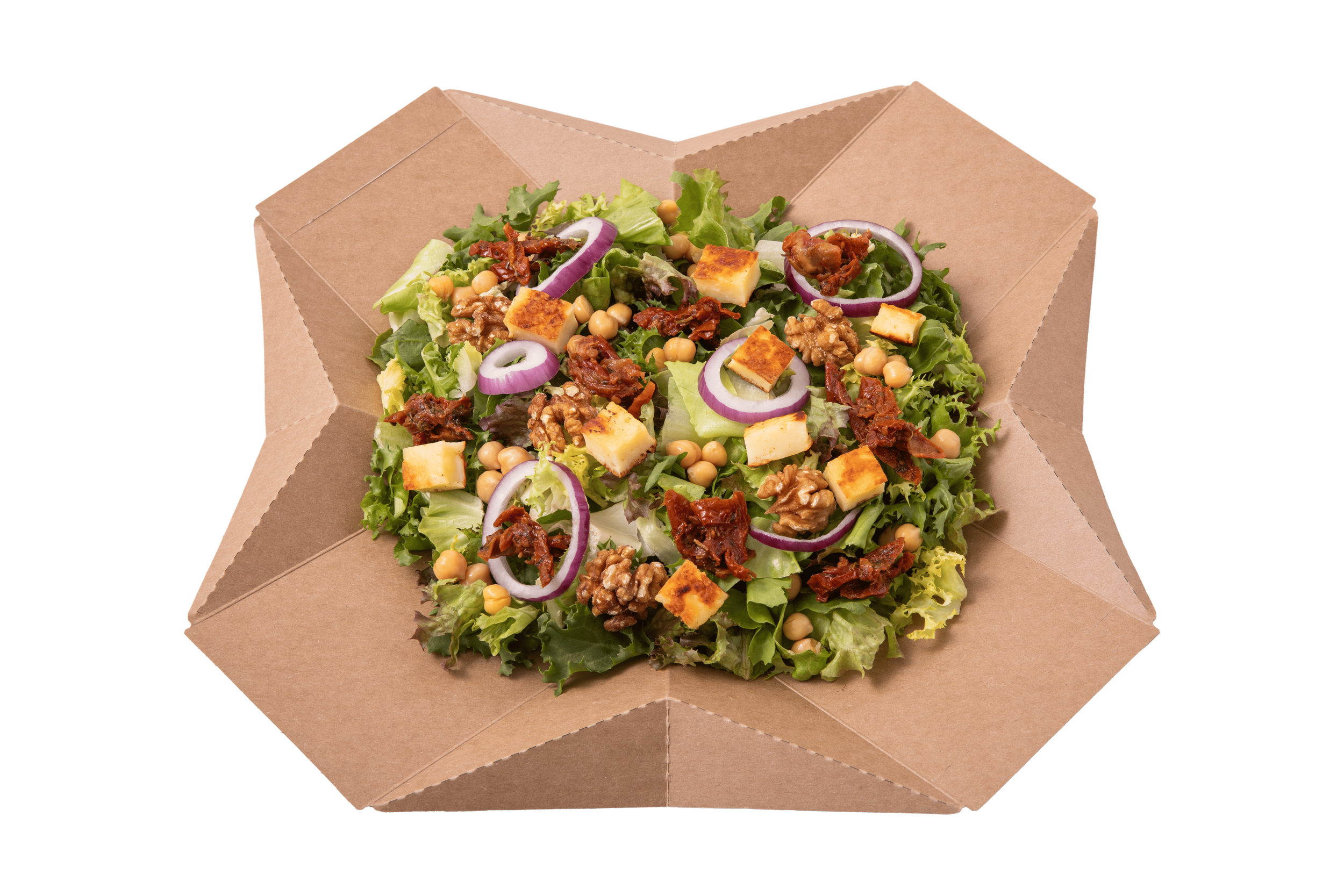 A fresh salad with lettuce, red onion slices, cheese cubes, chickpeas, sun-dried tomatoes, and walnuts, served in a brown cardboard takeout container.
