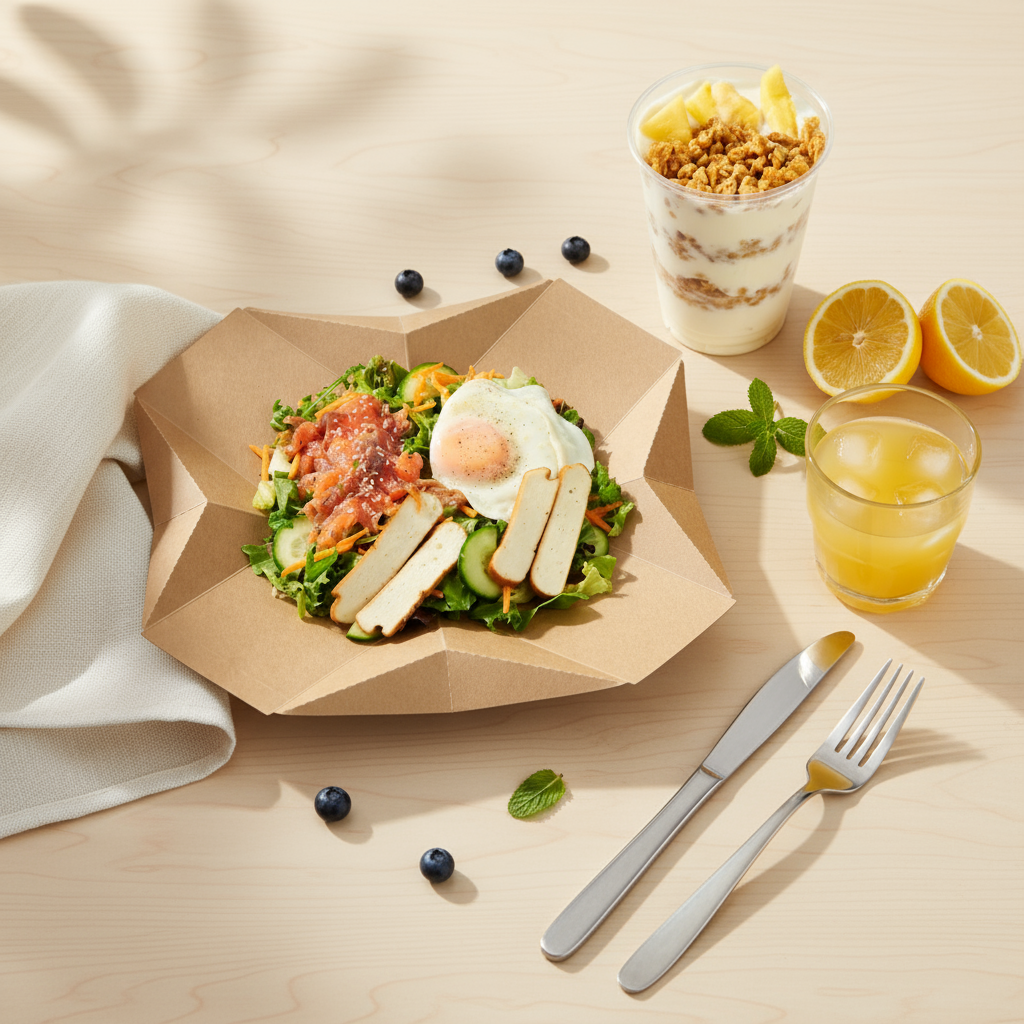 Salad with cucumber, carrots, lettuce, bacon, and a fried egg, served in a brown paper tray. Beside it, there is a parfait with yogurt, granola, and pineapple chunks, a glass of lemon juice with ice, and a cup of lemonade with ice. Two lemon halves and a few blueberries are also on the table.