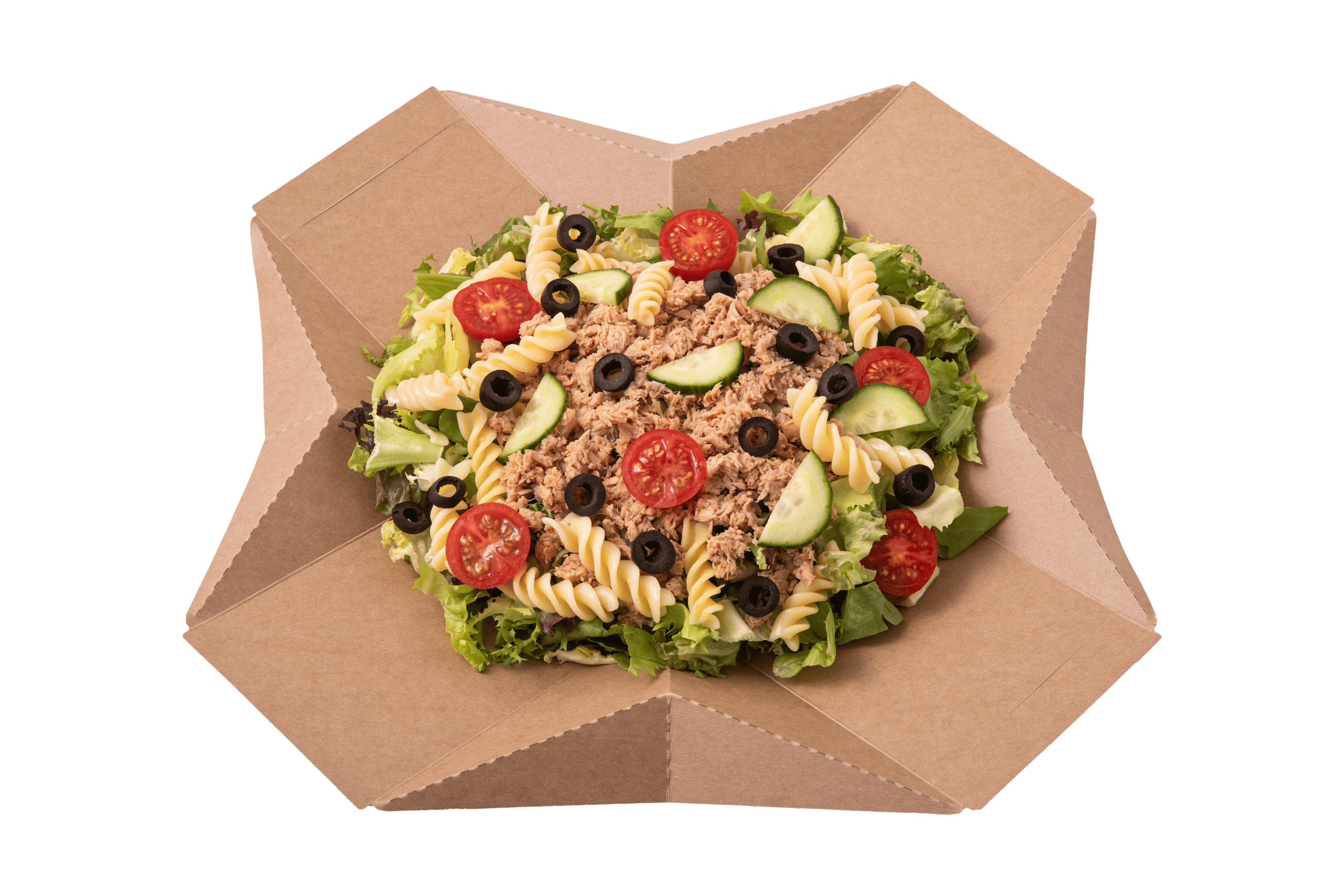 Sandwich salad in a cardboard container with lettuce, cherry tomatoes, cucumber slices, pasta, tuna, and black olives.