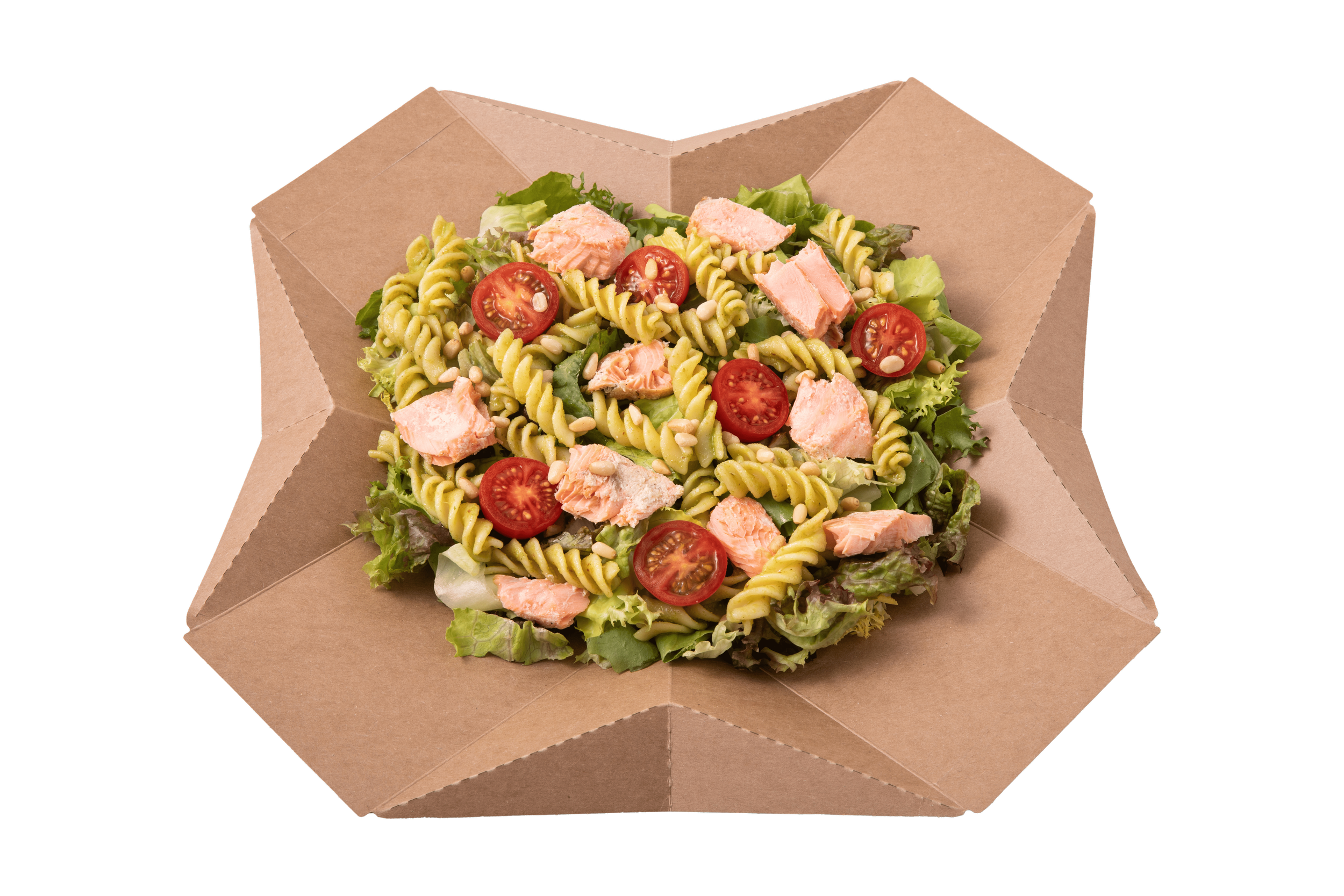 Salad with cherry tomatoes, fusilli pasta, lettuce, and pieces of cooked salmon in a cardboard container.