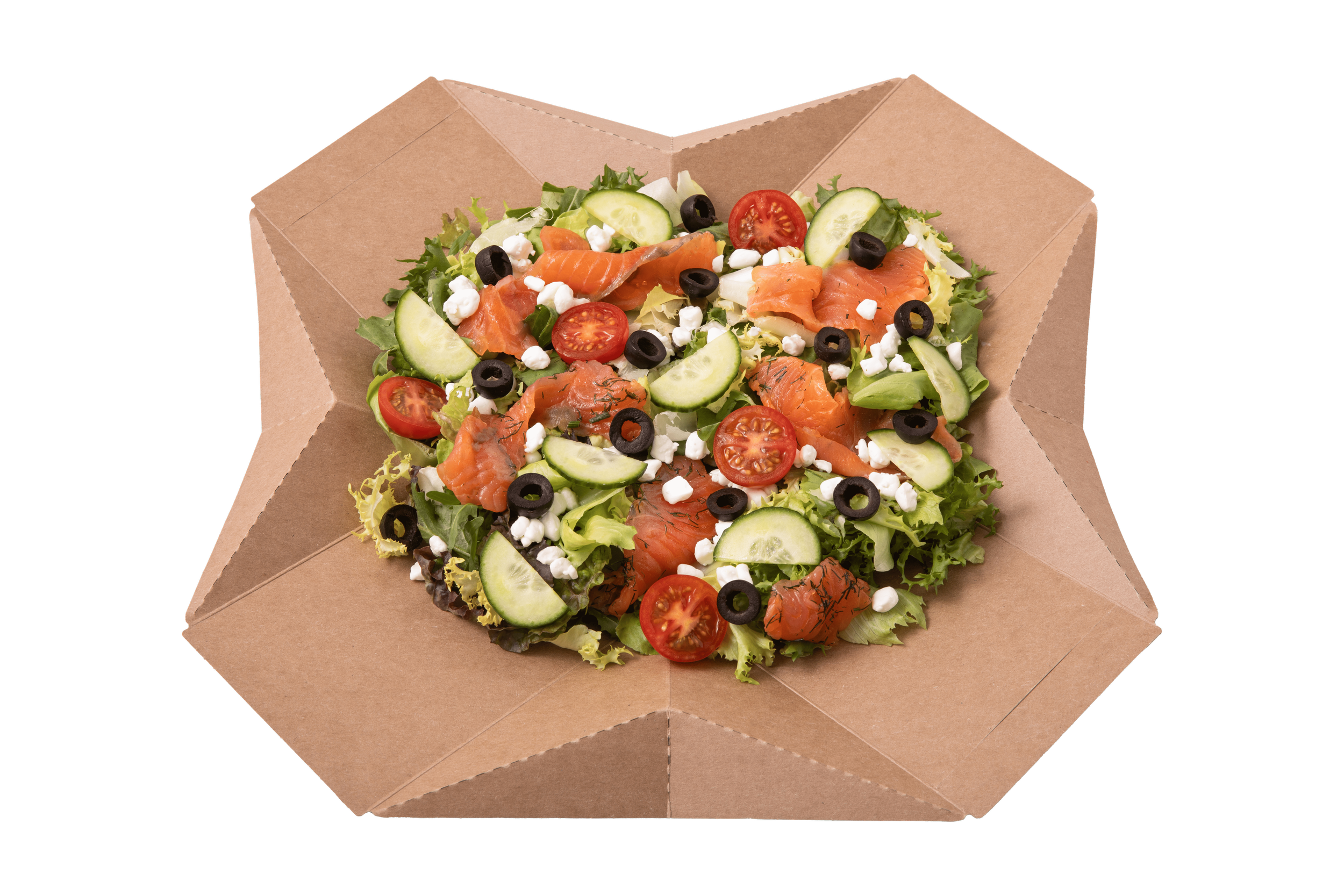 Salmon and vegetable salad with cherry tomatoes, cucumber, black olives, and feta cheese on a bed of lettuce, served on a cardboard tray.