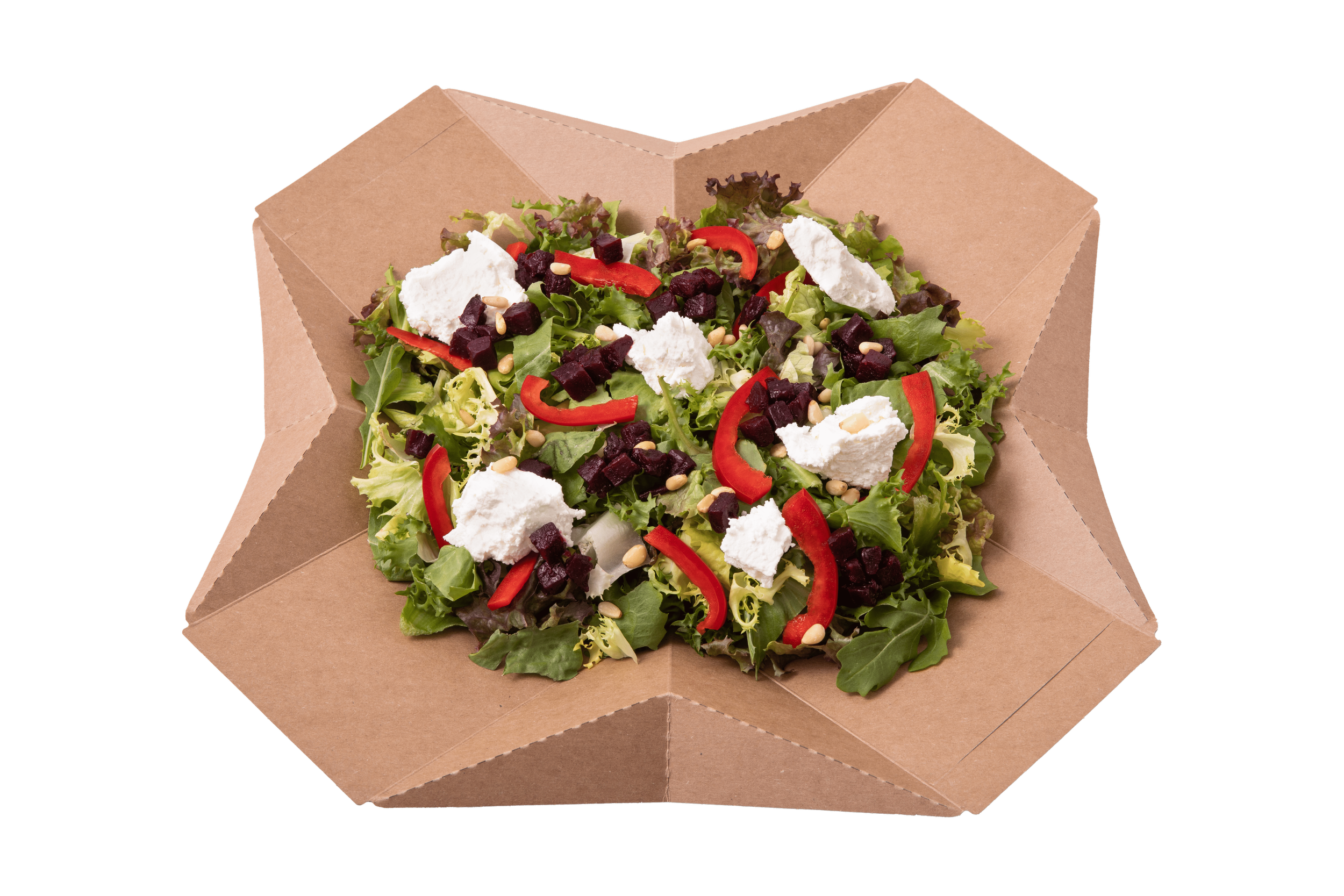 Green salad with red bell pepper slices, beet cubes, pine nuts, and dollops of soft cheese, served in a cardboard container.