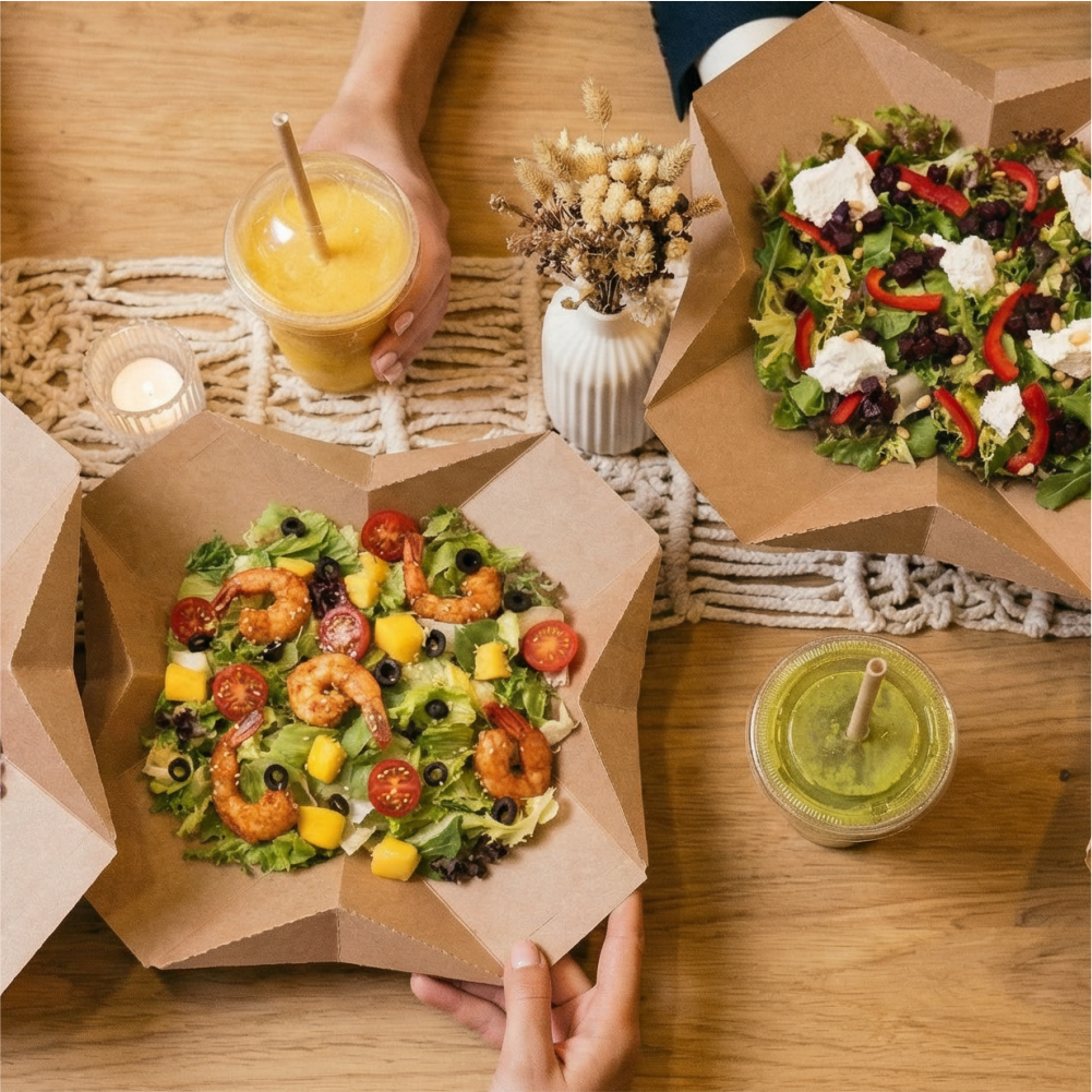 Two salads in brown paper containers on a wooden table, one with shrimp, cherry tomatoes, mango, and black olives, and the other with mixed greens, red bell peppers, blueberries, and cheese. A person holds the shrimp salad. Two drinks with straws, one yellow and one green, are also on the table, along with a small white vase with dried flowers and a lit candle.