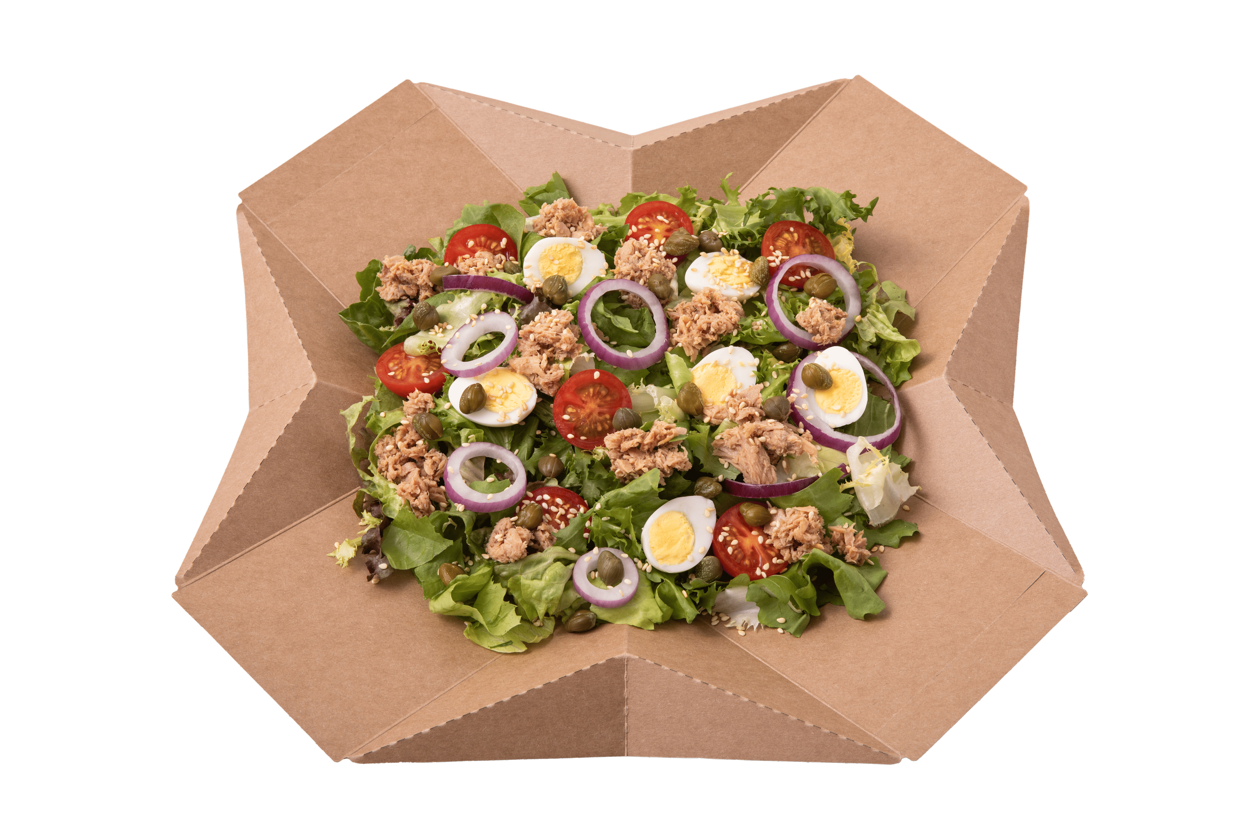 Salad with cherry tomatoes, sliced red onions, boiled eggs, tuna, and capers in a takeout box.