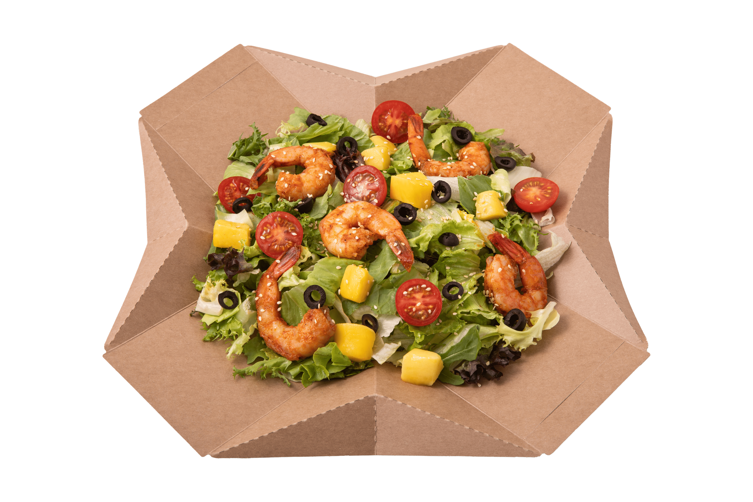 Fresh shrimp salad with cherry tomatoes, mango chunks, black olives, and mixed greens in a paper bowl.