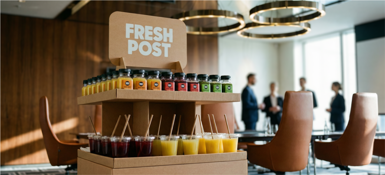 Display of bottled drinks and juices on a two-tiered cardboard stand labeled "Fresh Post" in a modern restaurant or conference room with people in business attire talking in the background.