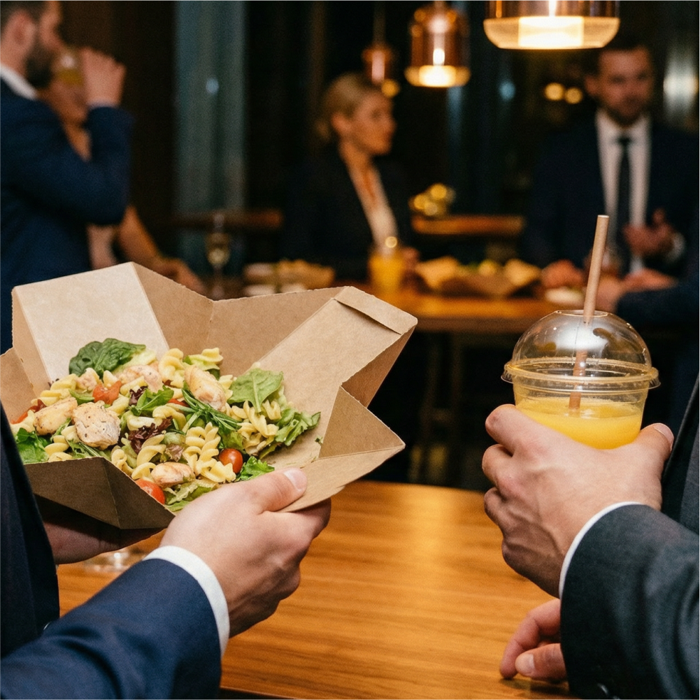People in business attire holding a salad and a yellow beverage in a restaurant or café setting