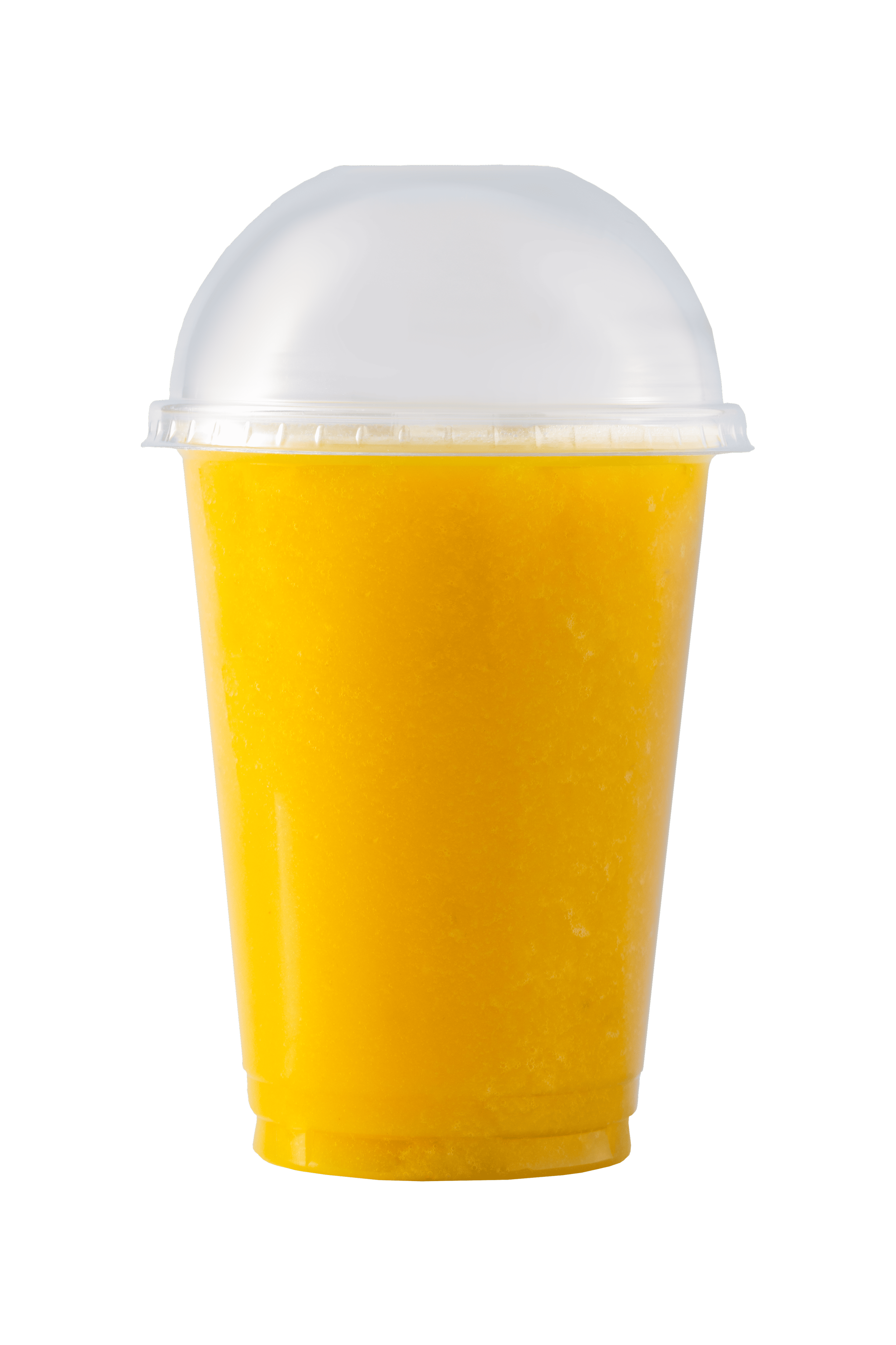 A yellow frozen drink in a clear plastic cup with a white dome lid.