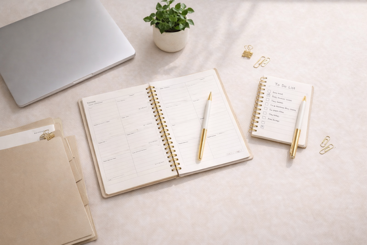 Un bureau organisé avec un ordinateur portable, un agenda ouvert, un carnet de tâches, des classeurs beige, une plante verte, et des clips en métal doré sur une surface claire.