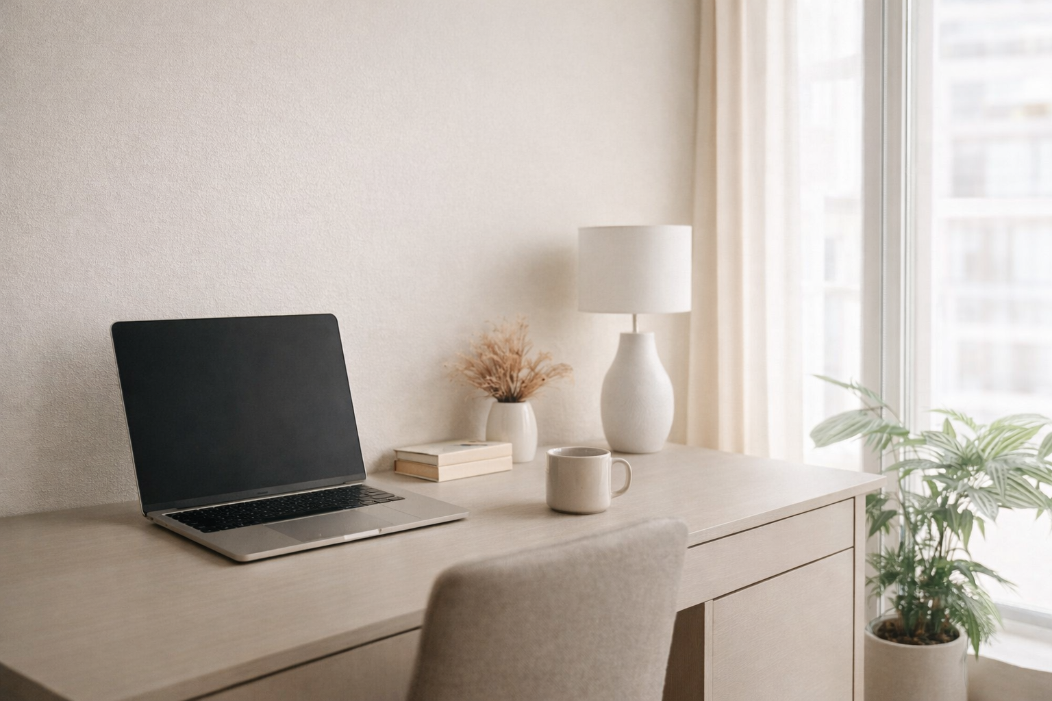 Bureau minimaliste avec un ordinateur portable, une lampe de table blanche, un vase avec des fleurs séchées, un livre, une tasse, près d'une fenêtre avec des plantes d'intérieur.
