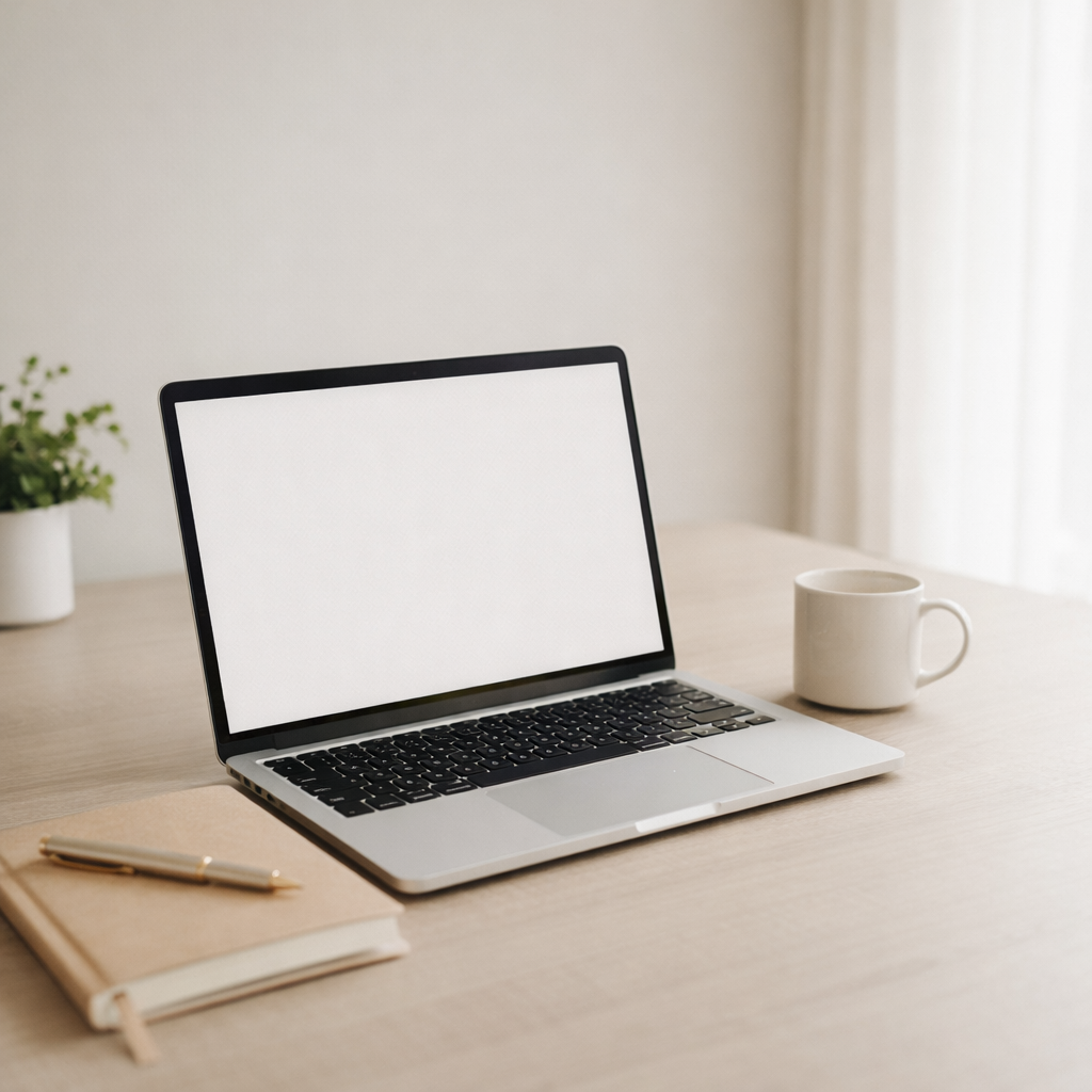 Un ordinateur portable sur une table en bois, à côté d'une tasse blanche, d'un cahier beige avec un stylo, et une plante verte en pot dans une pièce lumineuse.