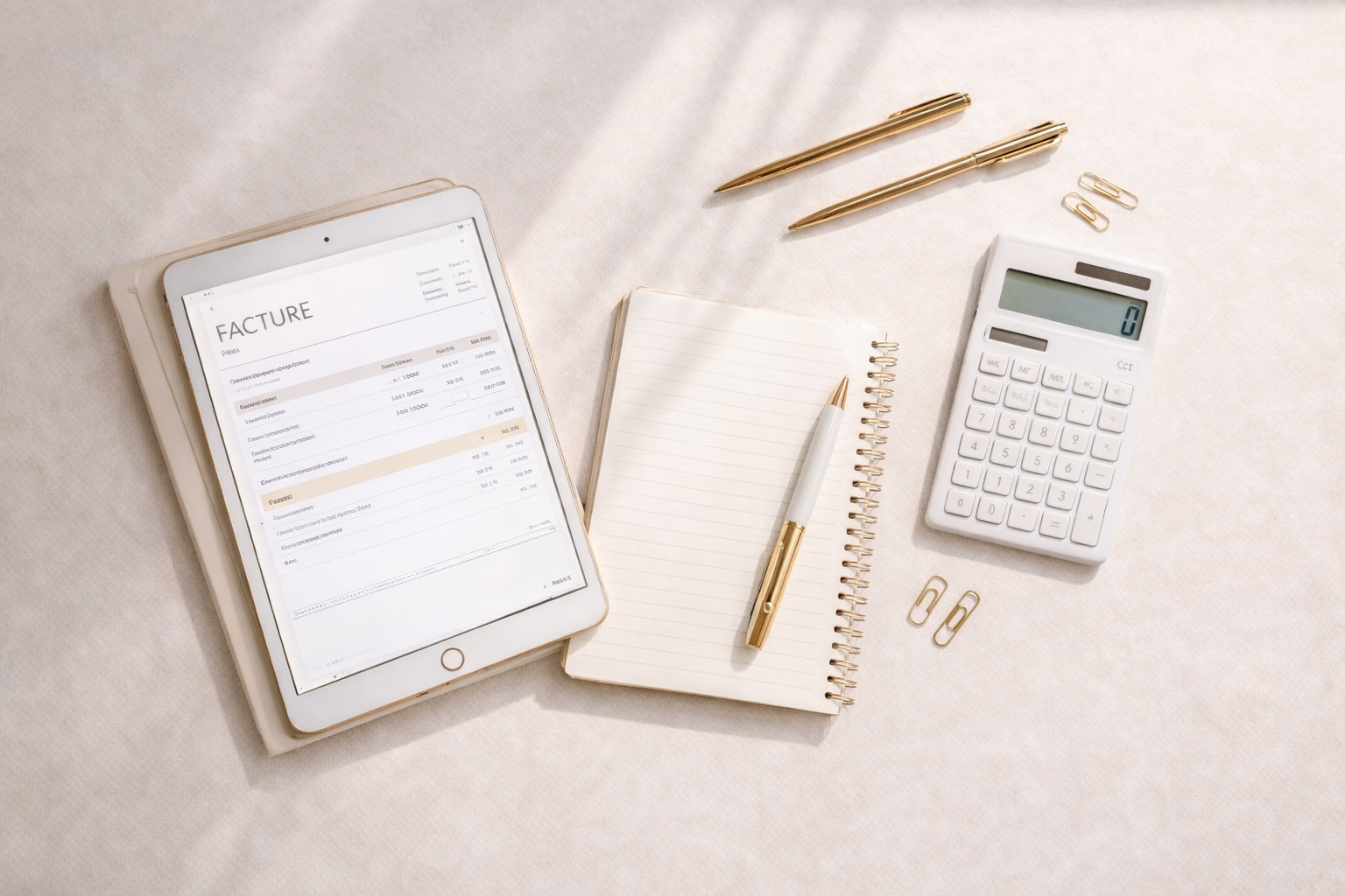 Une tablette affichant une facture, une petite carnet à pages lignées avec un stylo, deux stylos dorés, deux trombones et deux trombones dorés sur une surface en tissu clair.