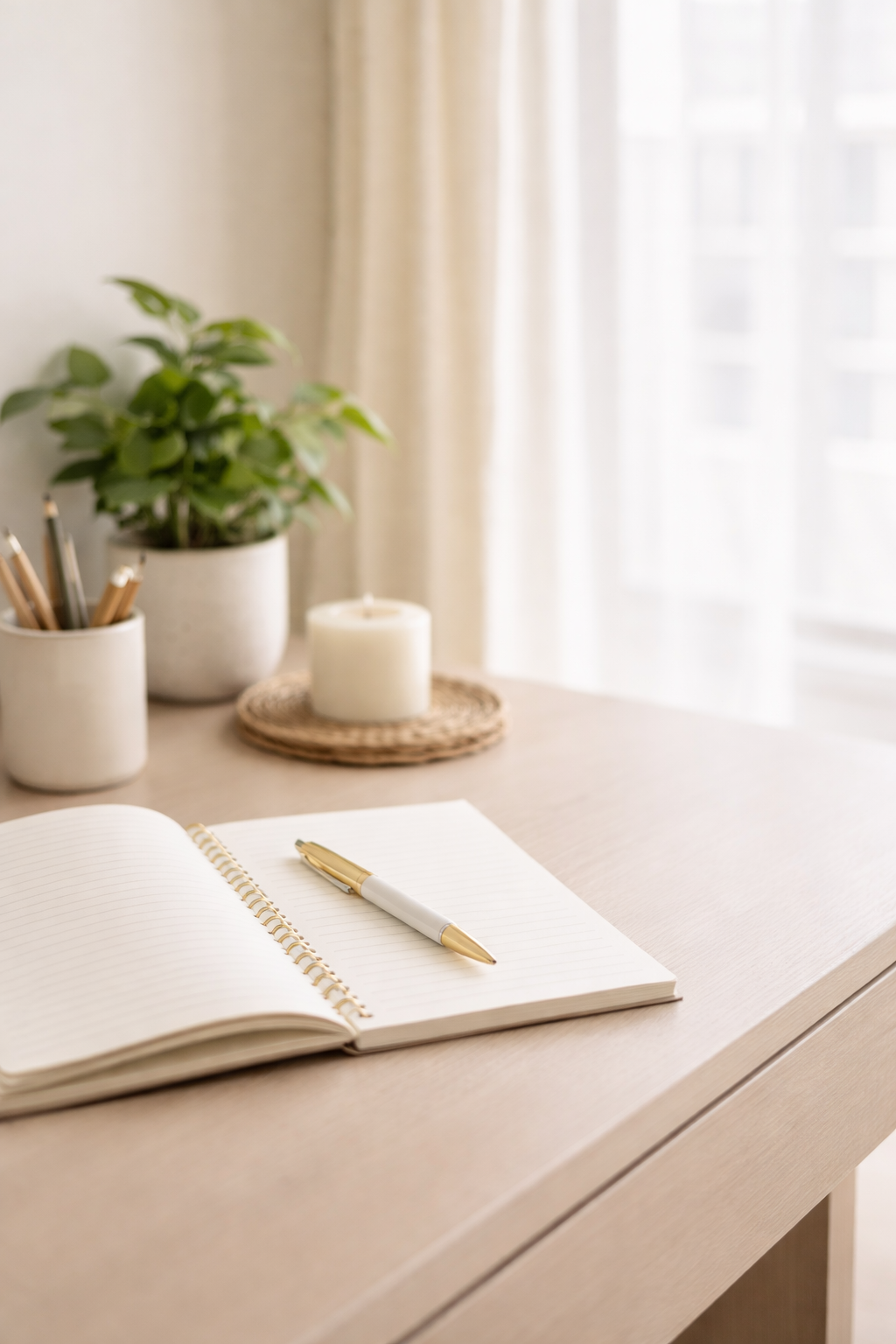Un bureau avec un carnet ouvert, un stylo doré, une plante verte, un pot avec des crayons, une bougie blanche, dans un environnement lumineux avec des rideaux clairs.