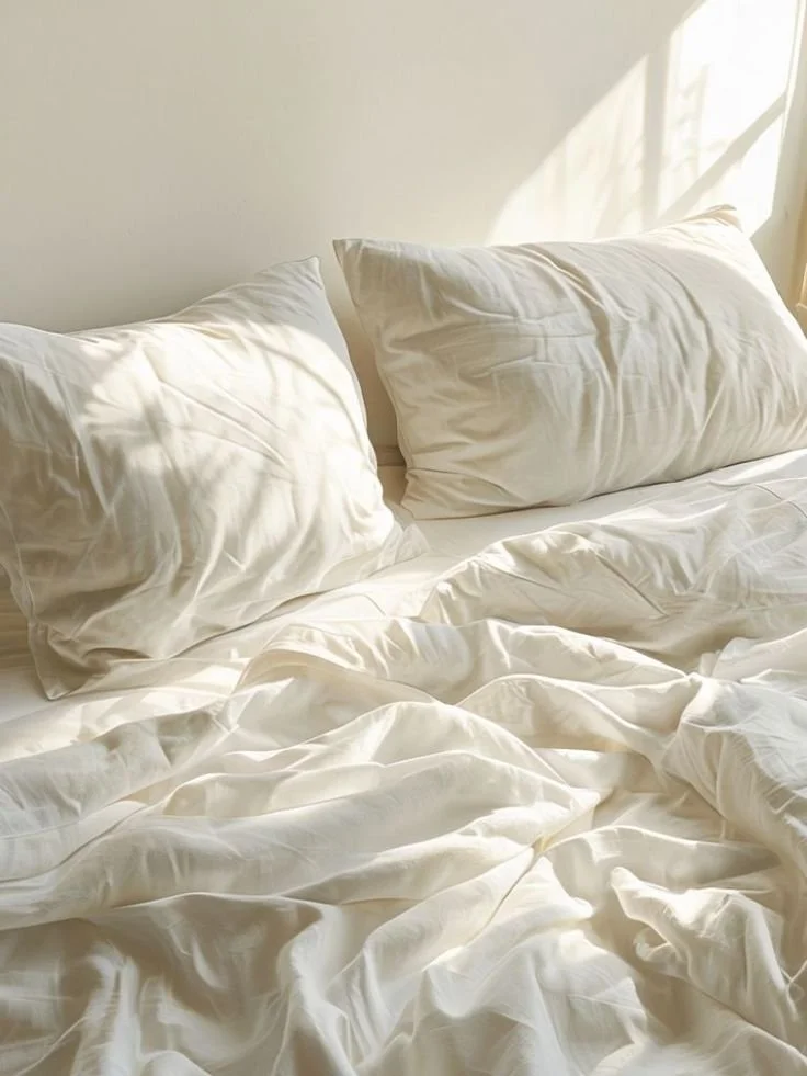 A bed with white bedsheets and two white pillows, illuminated by sunlight.