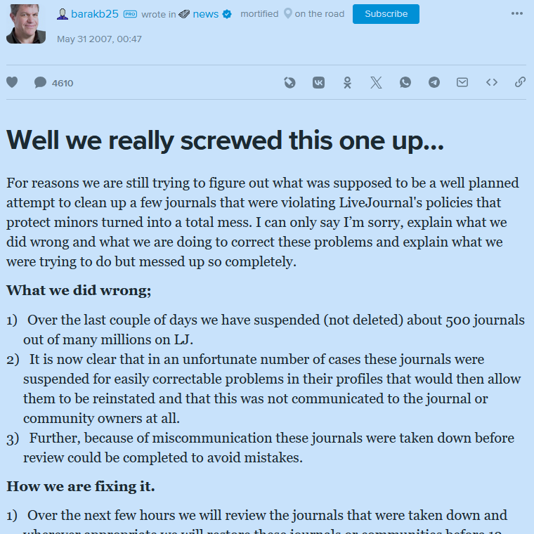 An Image of the News Posting on LiveJournal Following Strikethrough