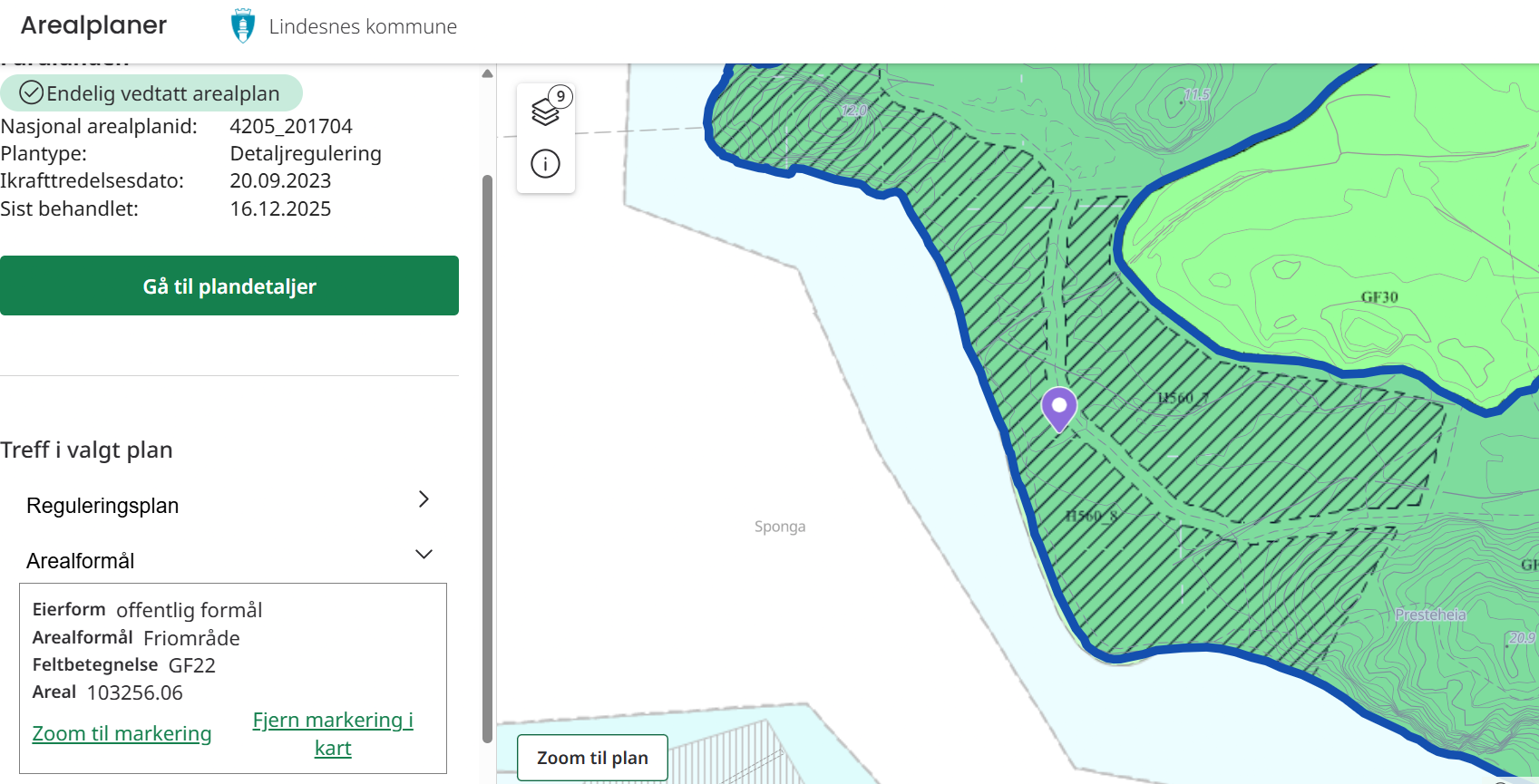 Kart over Lindesnes kommune med detaljregulering av et område nær vannet, grønnfarget med skraverte og linje markeringer. Sponga
