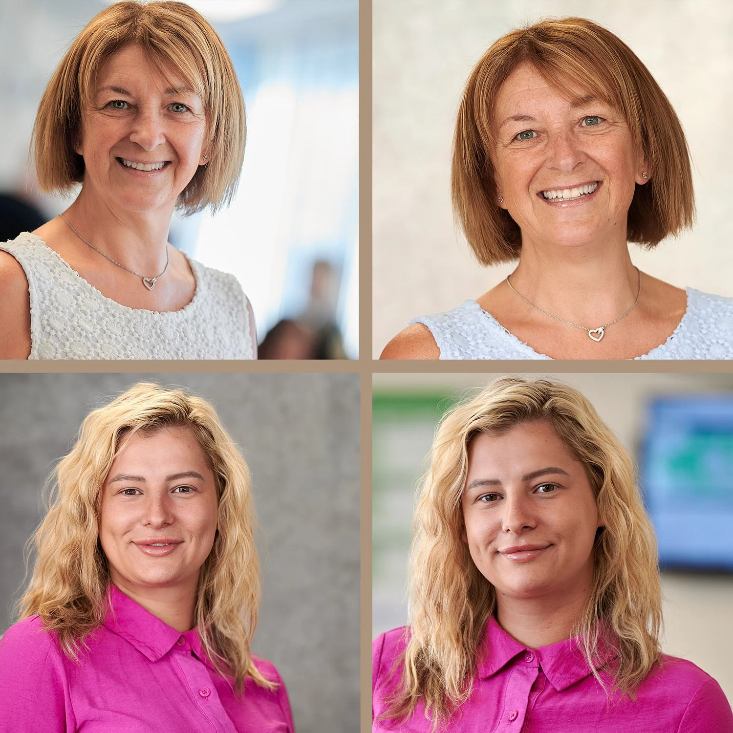Two women in the top row and two women in the bottom row, all smiling. The women in the top row have short, light brown hair and are wearing white sleeveless tops; the women in the bottom row have curly blonde hair and are wearing pink shirts. The backgrounds are different for each person, including an indoor setting, a neutral backdrop, and a blurred background.