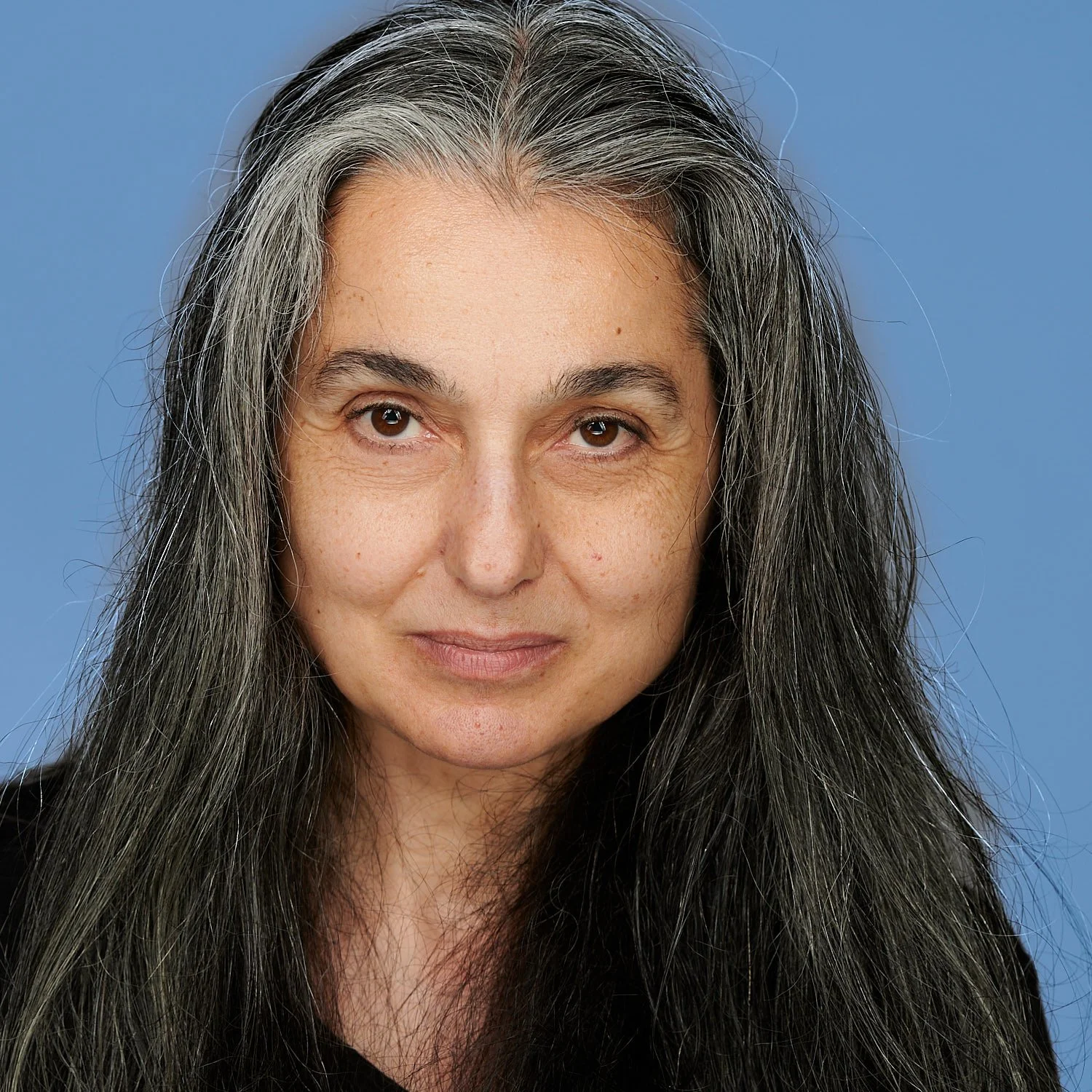 A woman with long, wavy, gray and black hair and brown eyes poses against a solid light blue background.